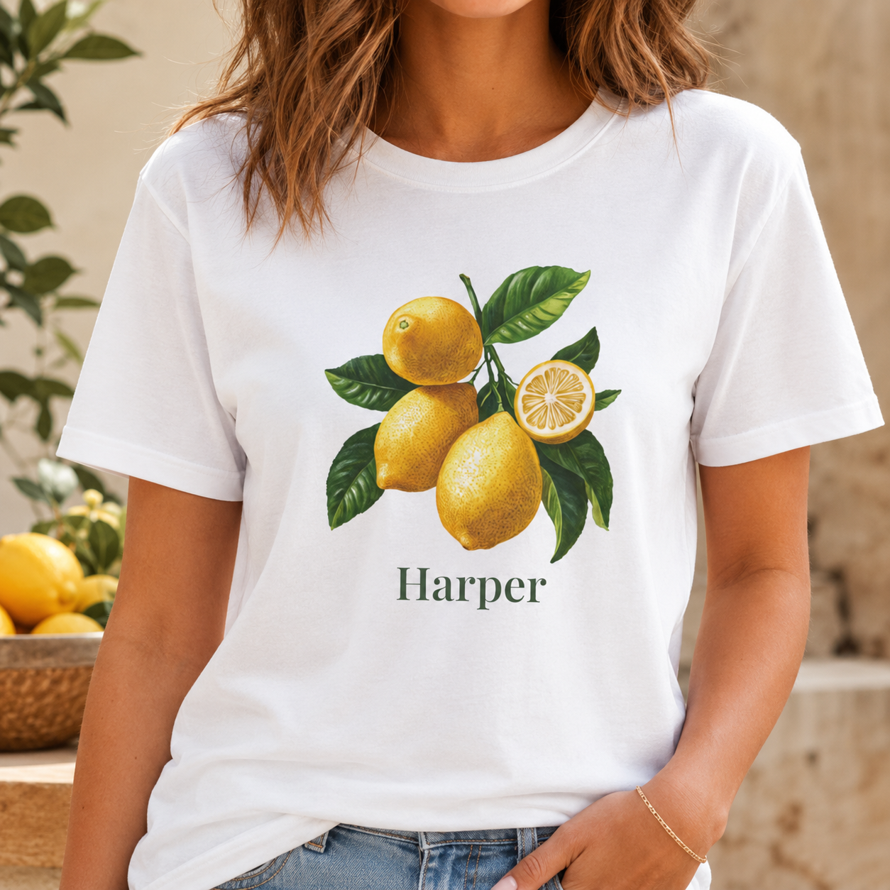 Close-up of lemon branch graphic with personalized name print