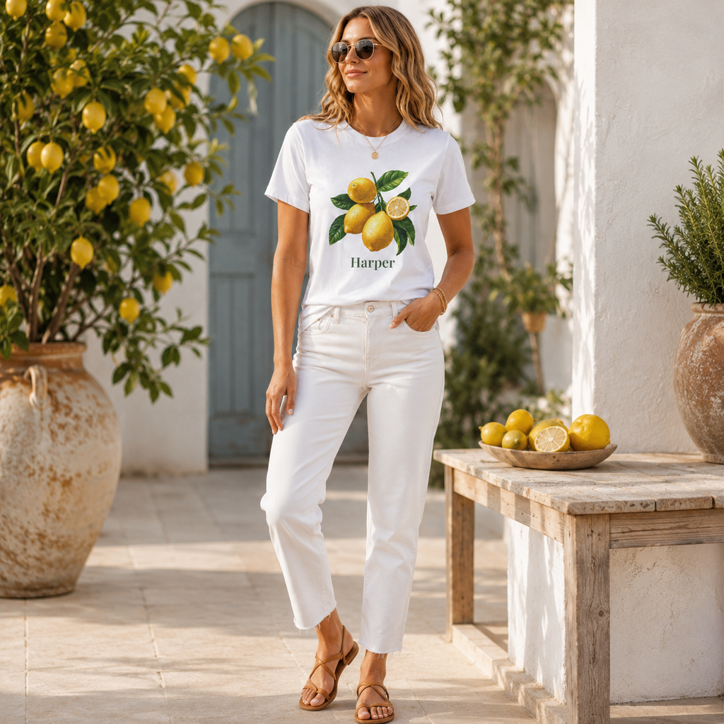 Model wearing lemon branch personalized t-shirt outdoors
