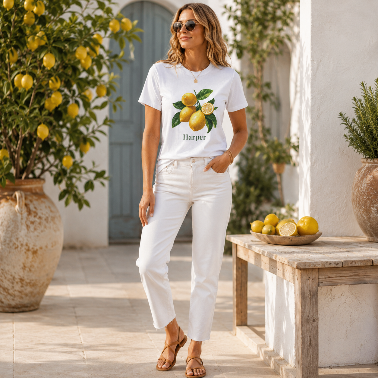 Model wearing lemon branch personalized t-shirt outdoors