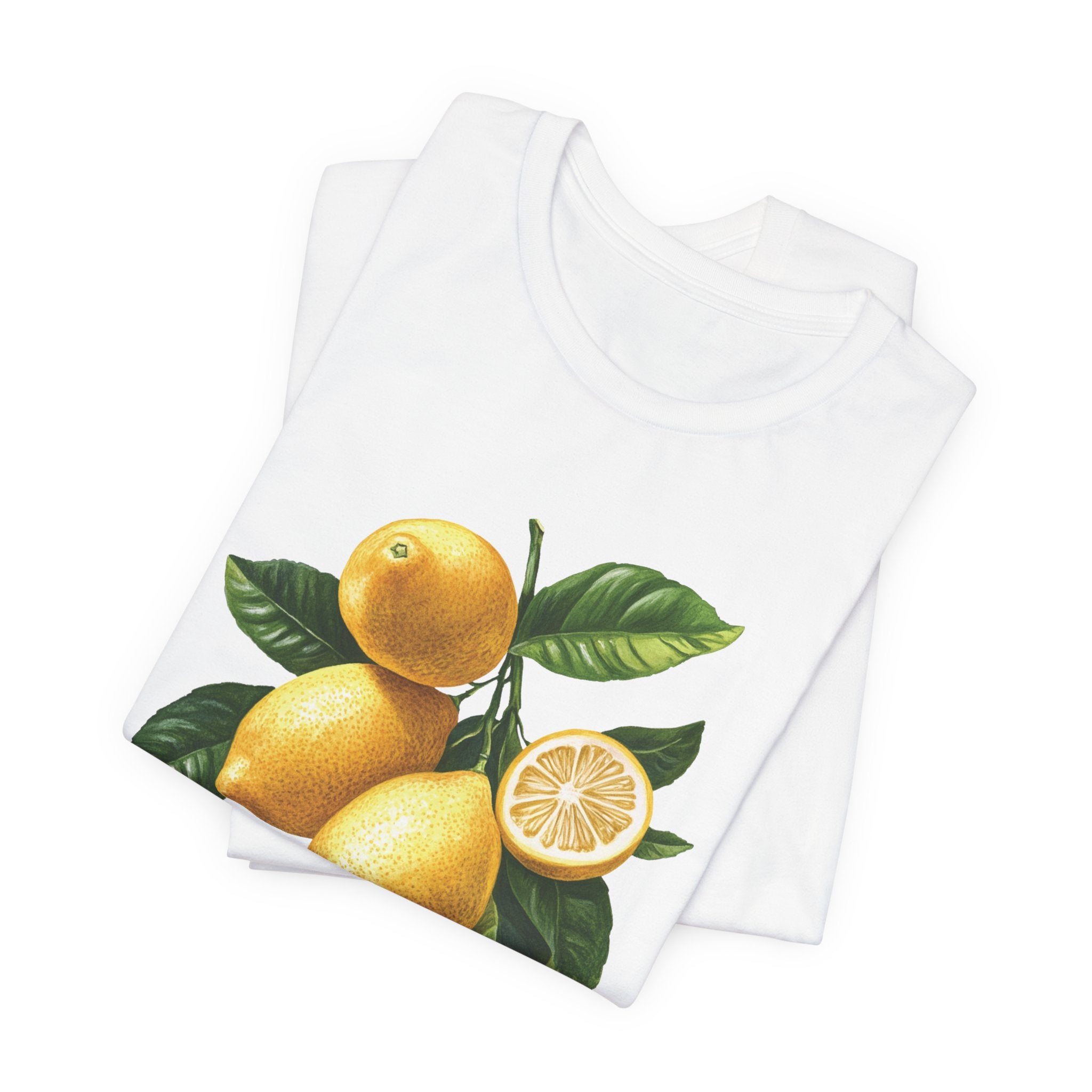 Folded lemon branch personalized t-shirt showing size and fit