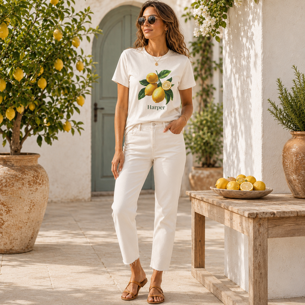 Lemon branch personalized t-shirt worn by model close-up
