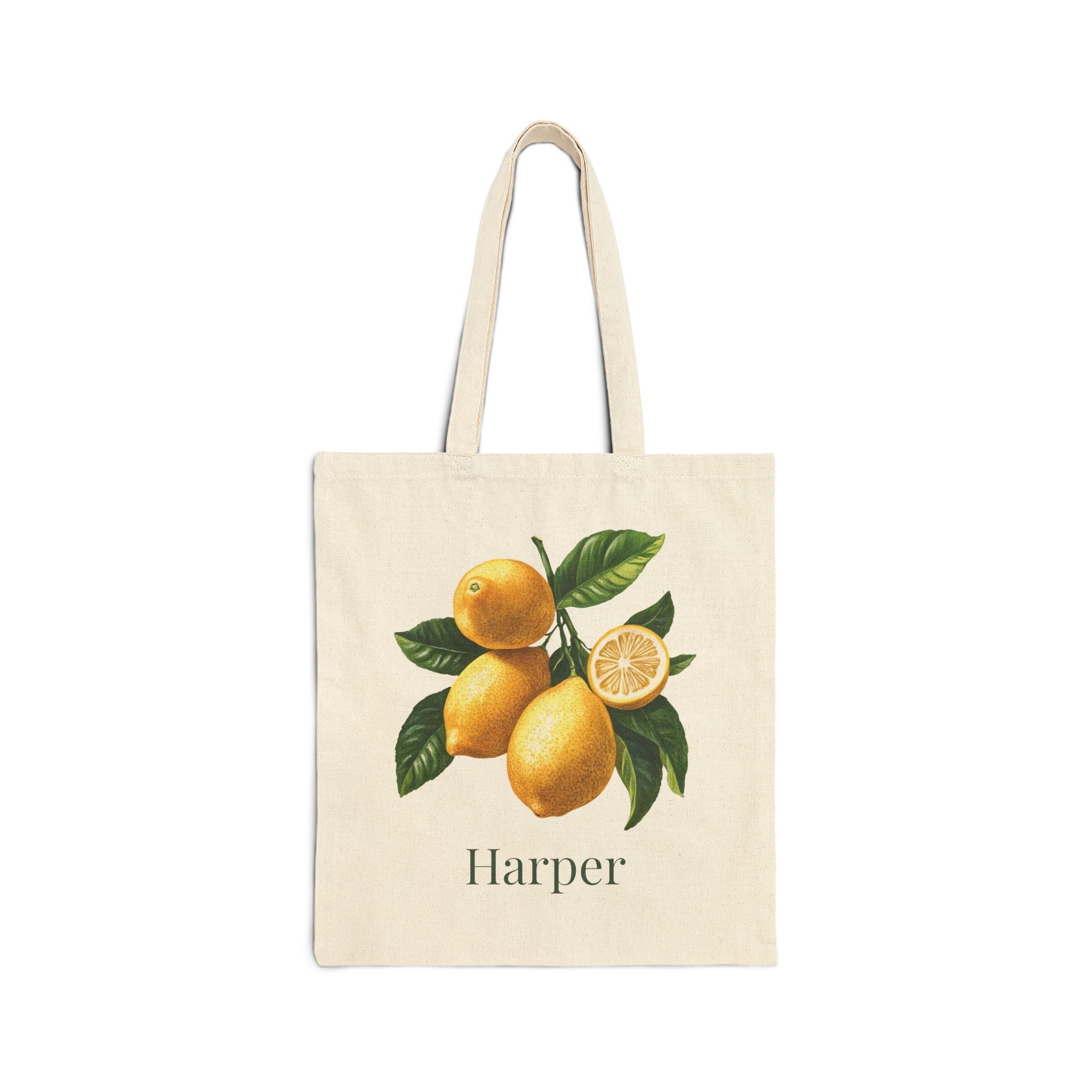 Personalized lemon natural cotton canvas tote with a botanical lemon illustration and a custom name