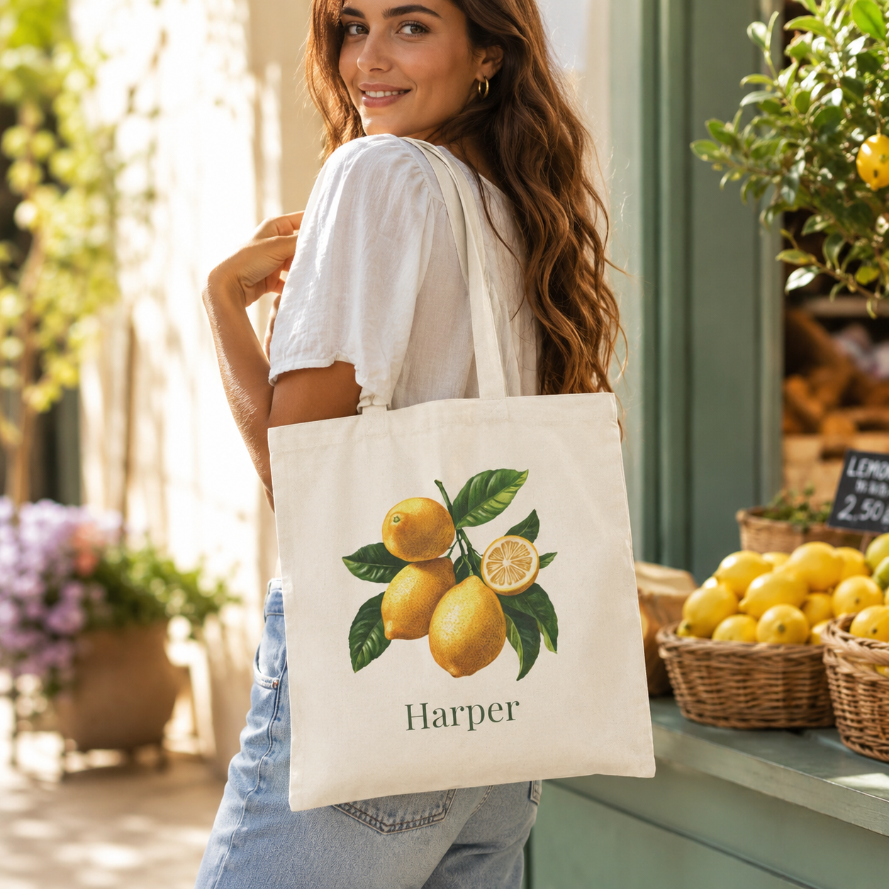 Close-up of the lemon print on the Lemon tote bag