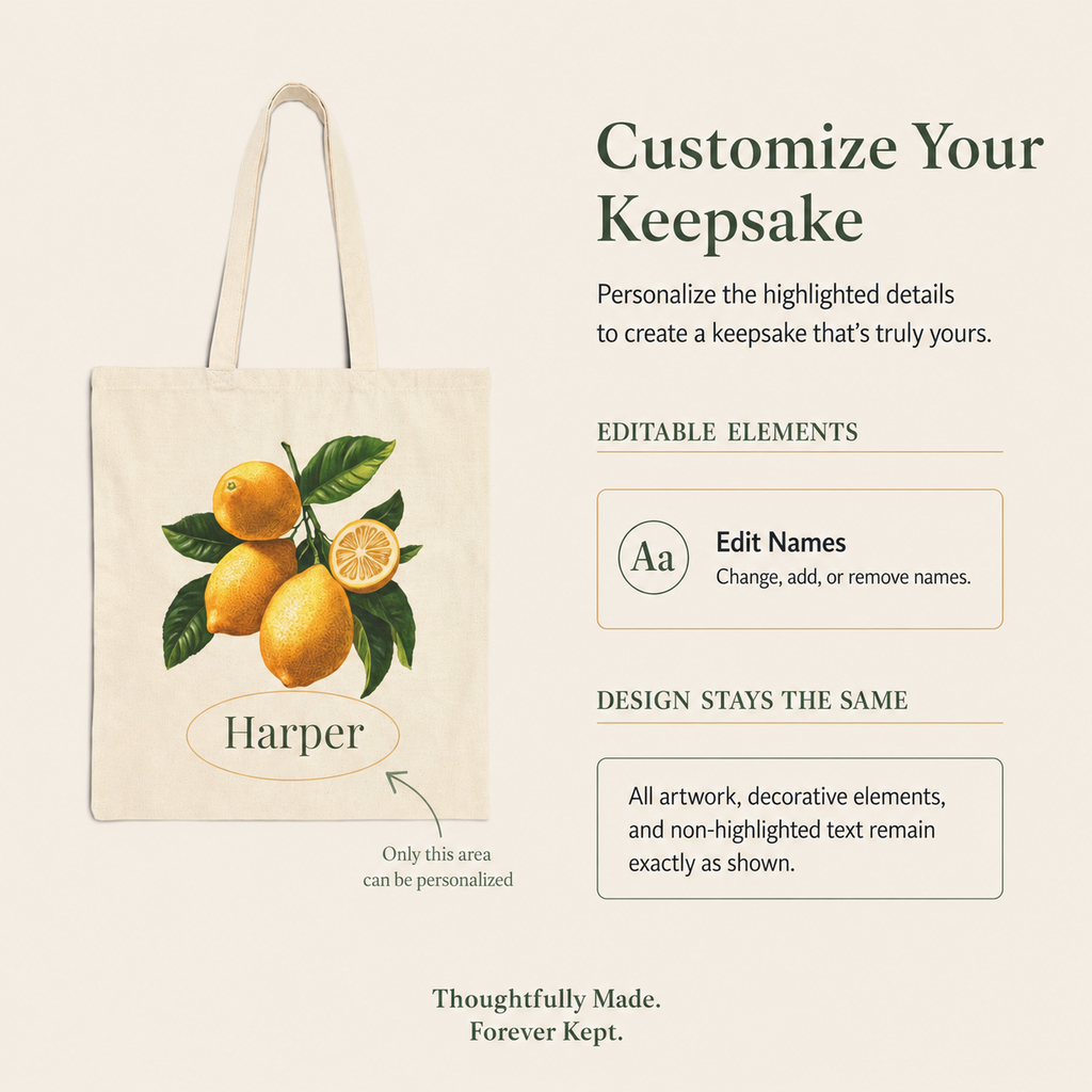 Lemon personalized cotton tote bag shown flat