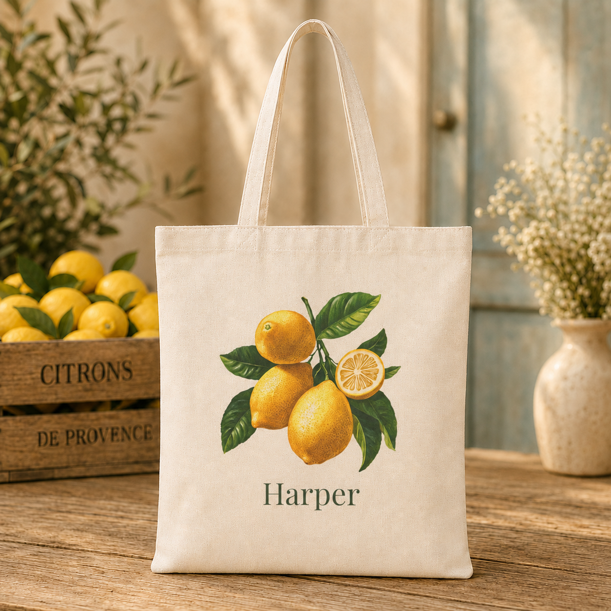 Lemon personalized tote bag shown held by the handles