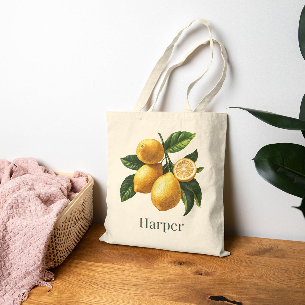 Lemon natural canvas tote styled for a market trip