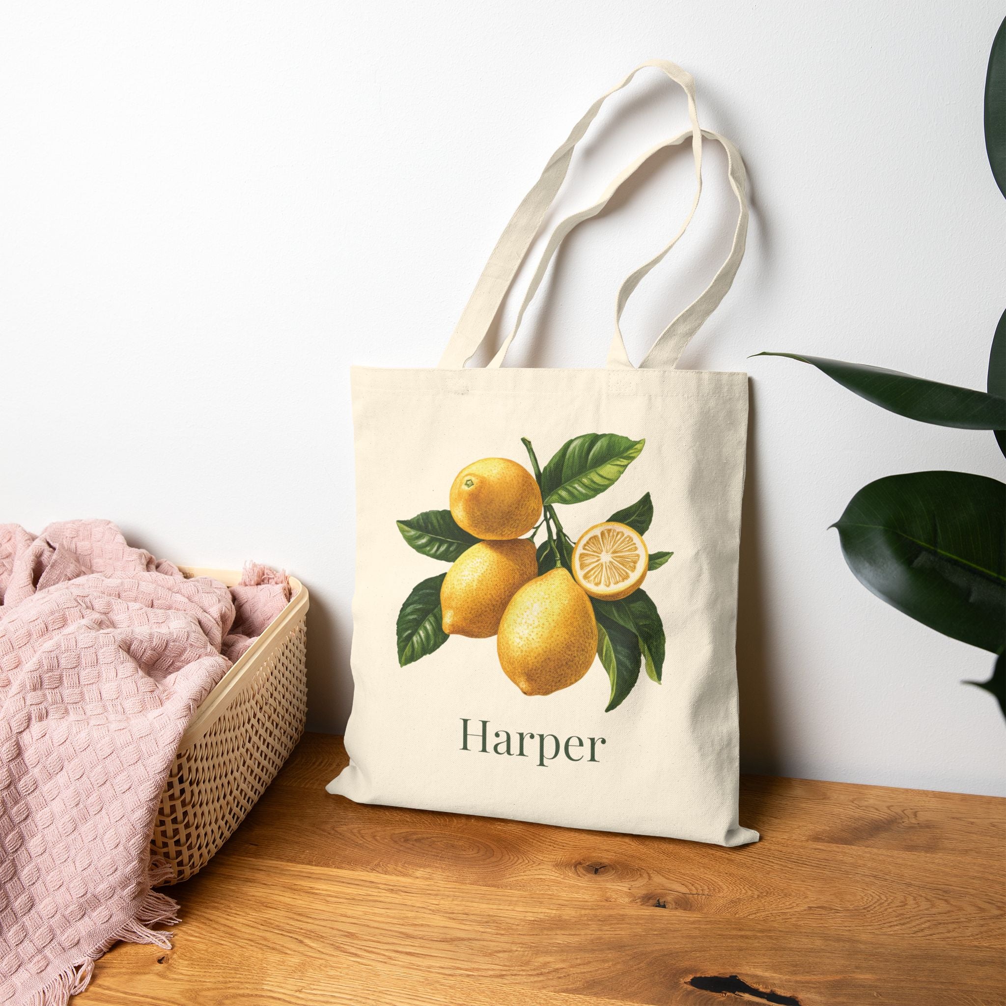 Lemon natural canvas tote styled for a market trip