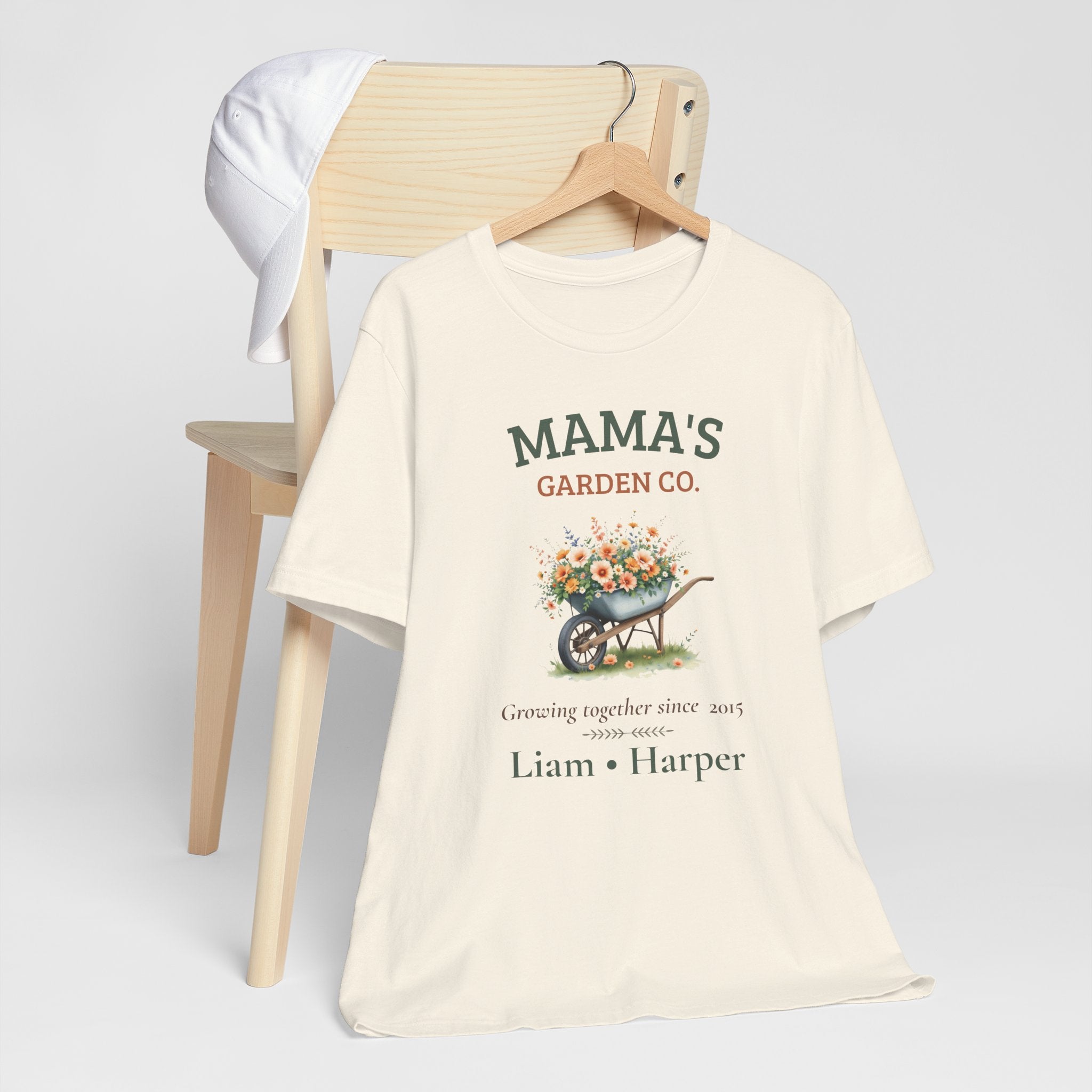 Mama's Garden Co. personalized t-shirt flat-lay with greenery