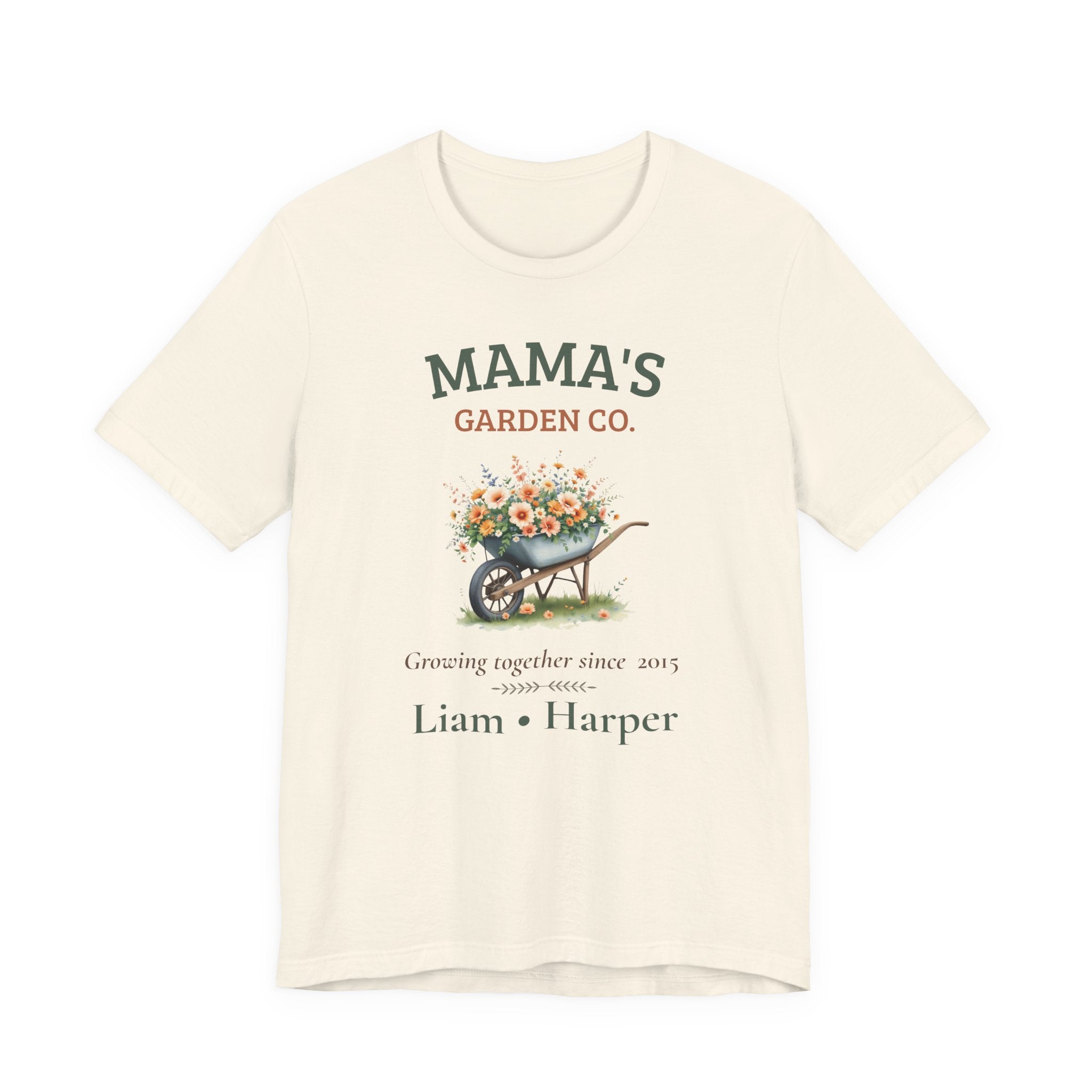 Mama's Garden Co. personalized t-shirt shown folded flat