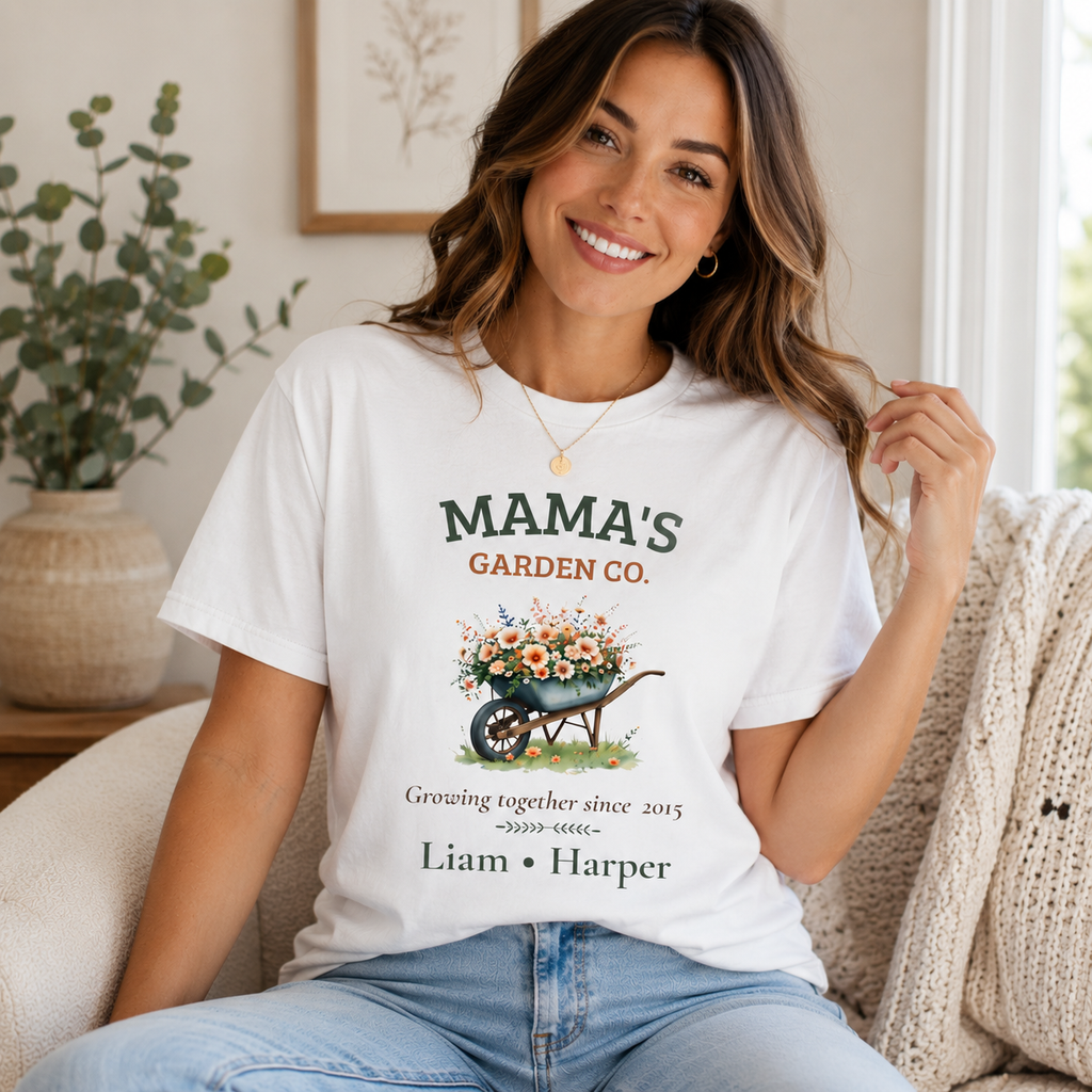 Mama's Garden Co. personalized tee shown on a model