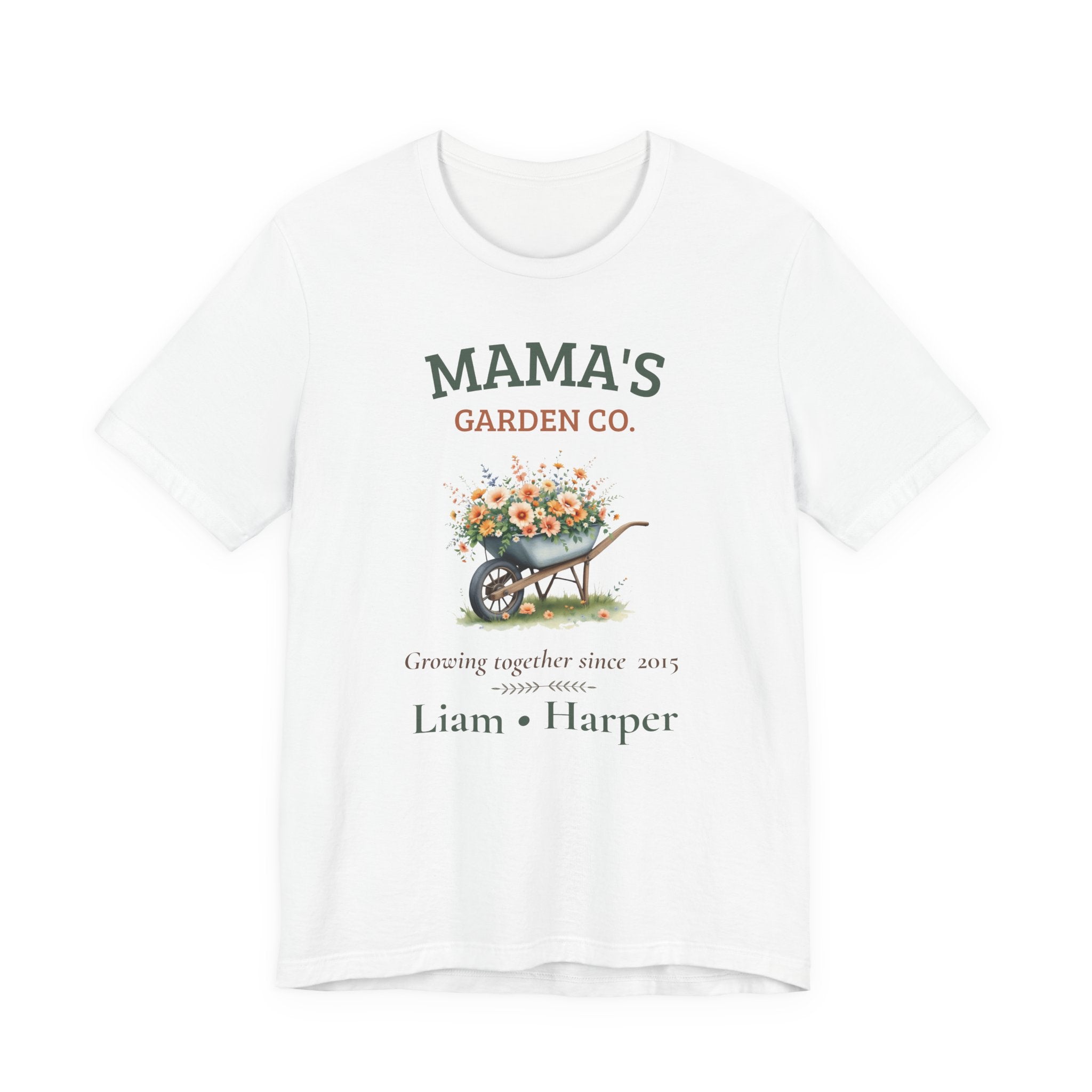 Personalized Mama's Garden Co. t-shirt with a floral wheelbarrow design, 'growing together since' year and kids' names