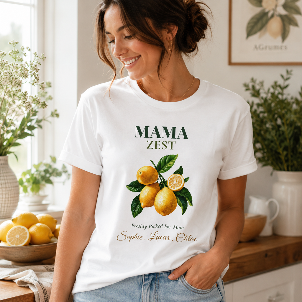 Mama Zest personalized t-shirt shown folded flat
