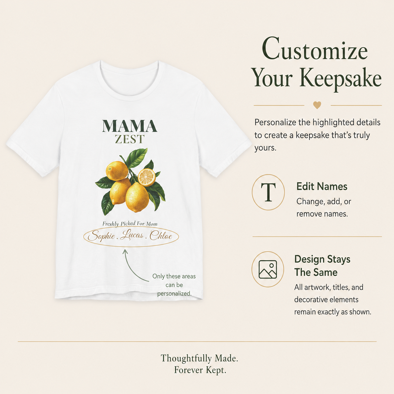 Detail of the personalized text on the Mama Zest tee