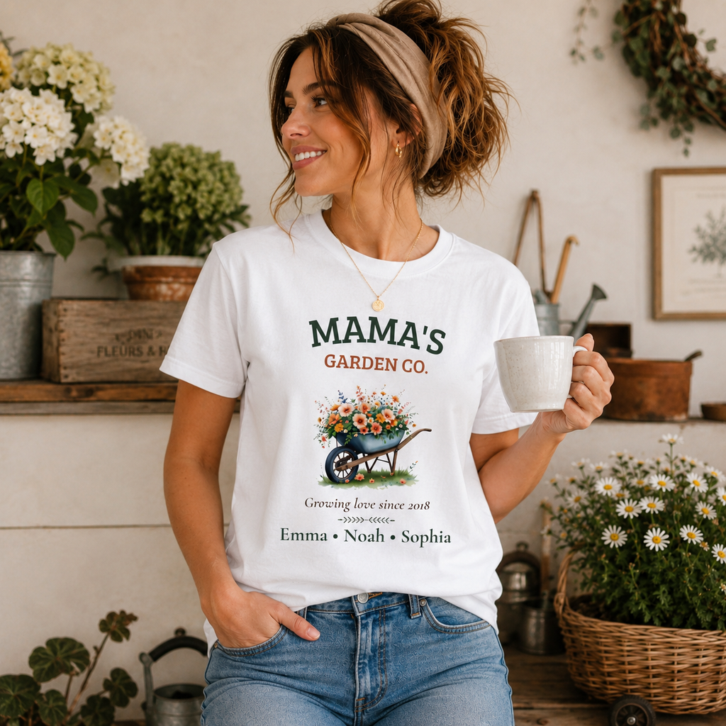 Close-up of the Mama's Garden Co. floral wheelbarrow print design