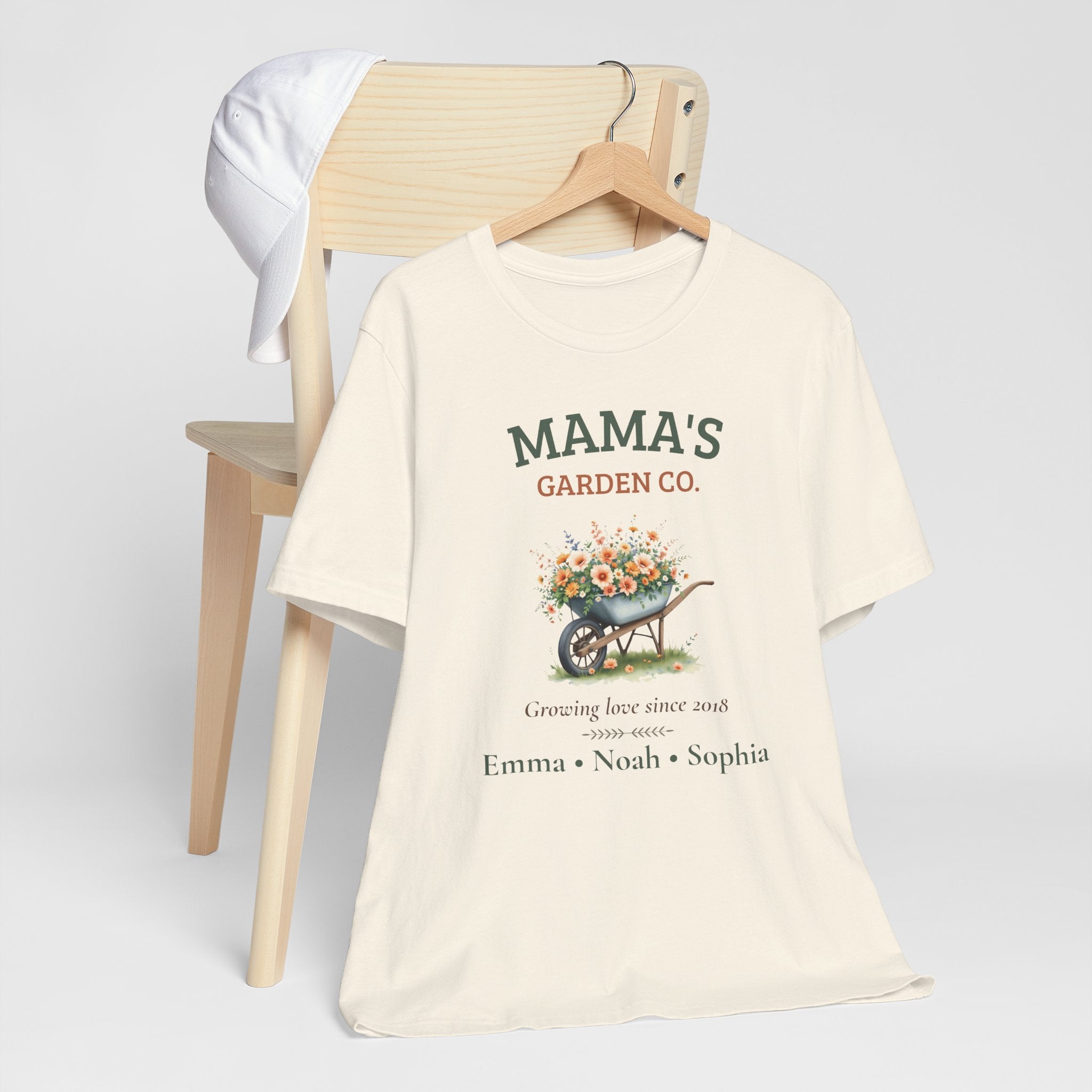 Mama's Garden Co. personalized mom t-shirt flat-lay with greenery