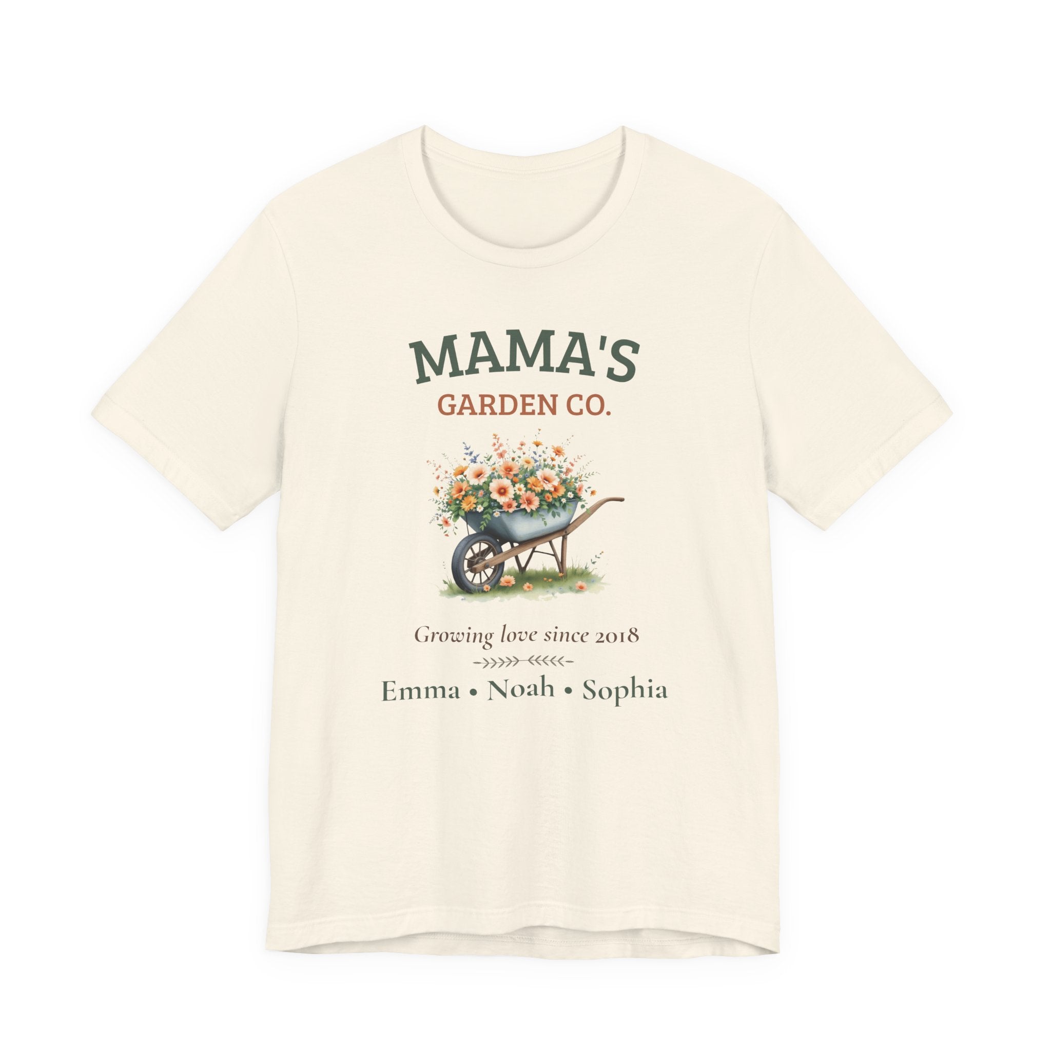 Mama's Garden Co. personalized mom t-shirt shown folded flat