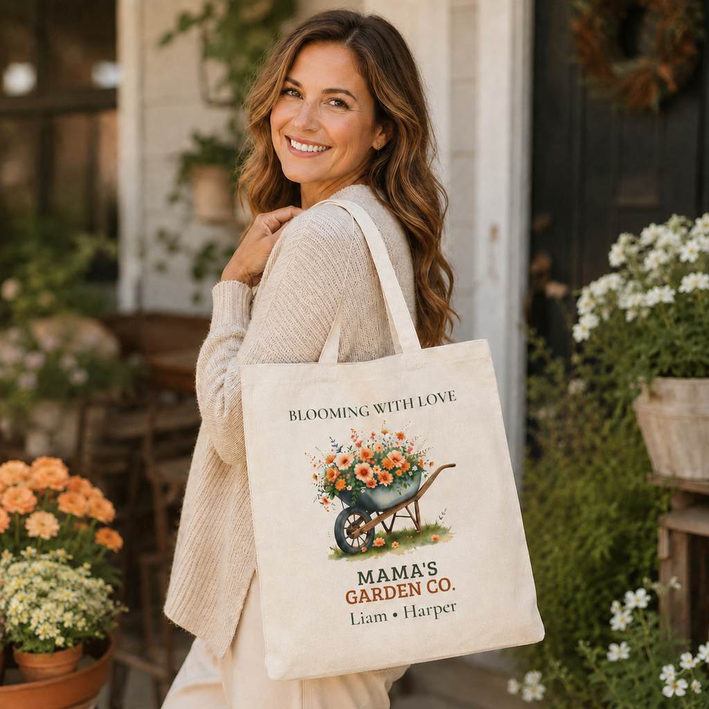 Close-up of the wheelbarrow floral print on the Mama's Garden Co. tote bag