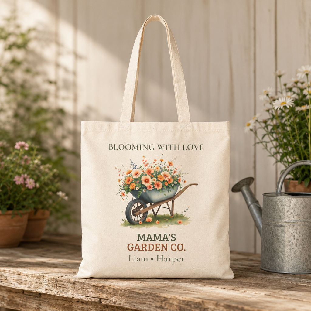 Mama's Garden Co. personalized tote bag shown held by the handles