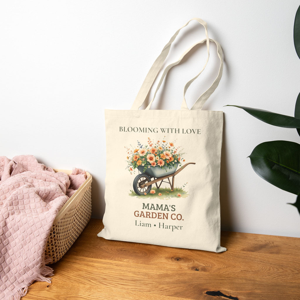 Mama's Garden Co. natural canvas tote styled for a market trip