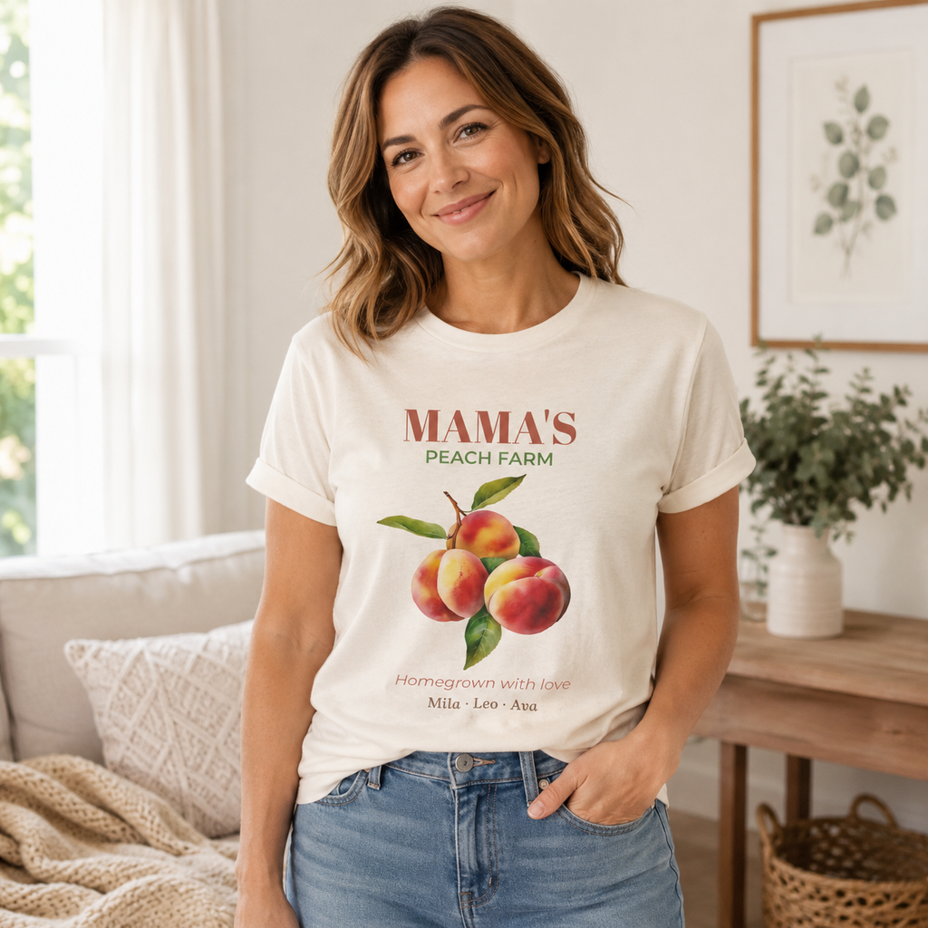 Mama's Peach Farm personalized tee shown in an alternate color