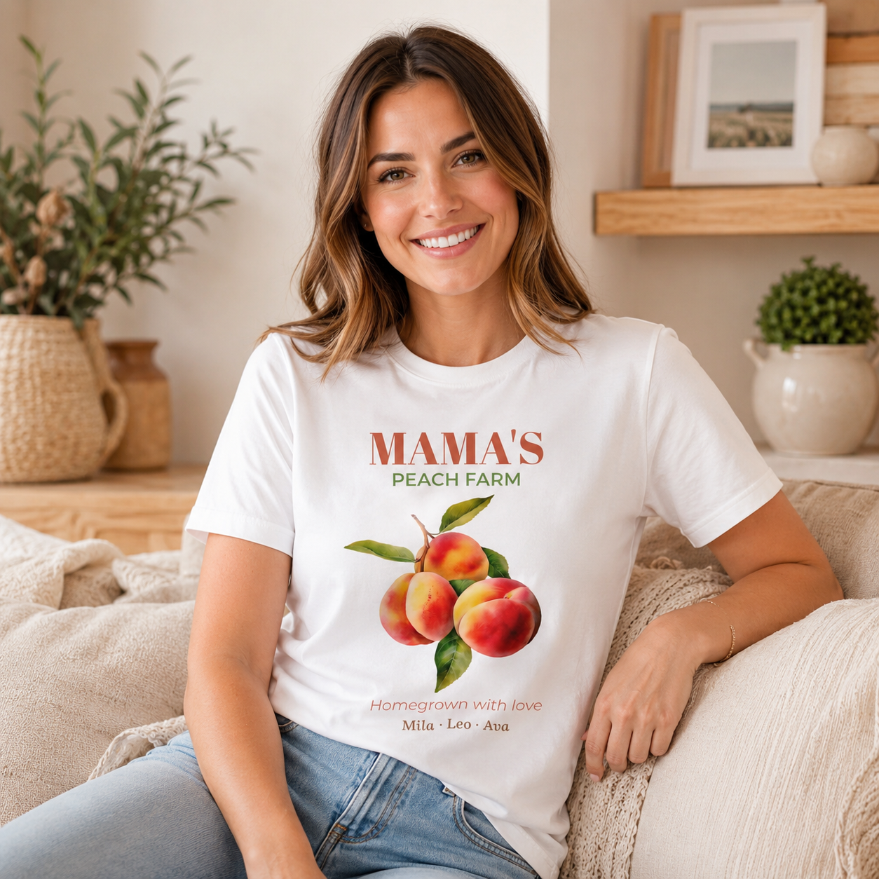 Mama's Peach Farm personalized tee shown on a model