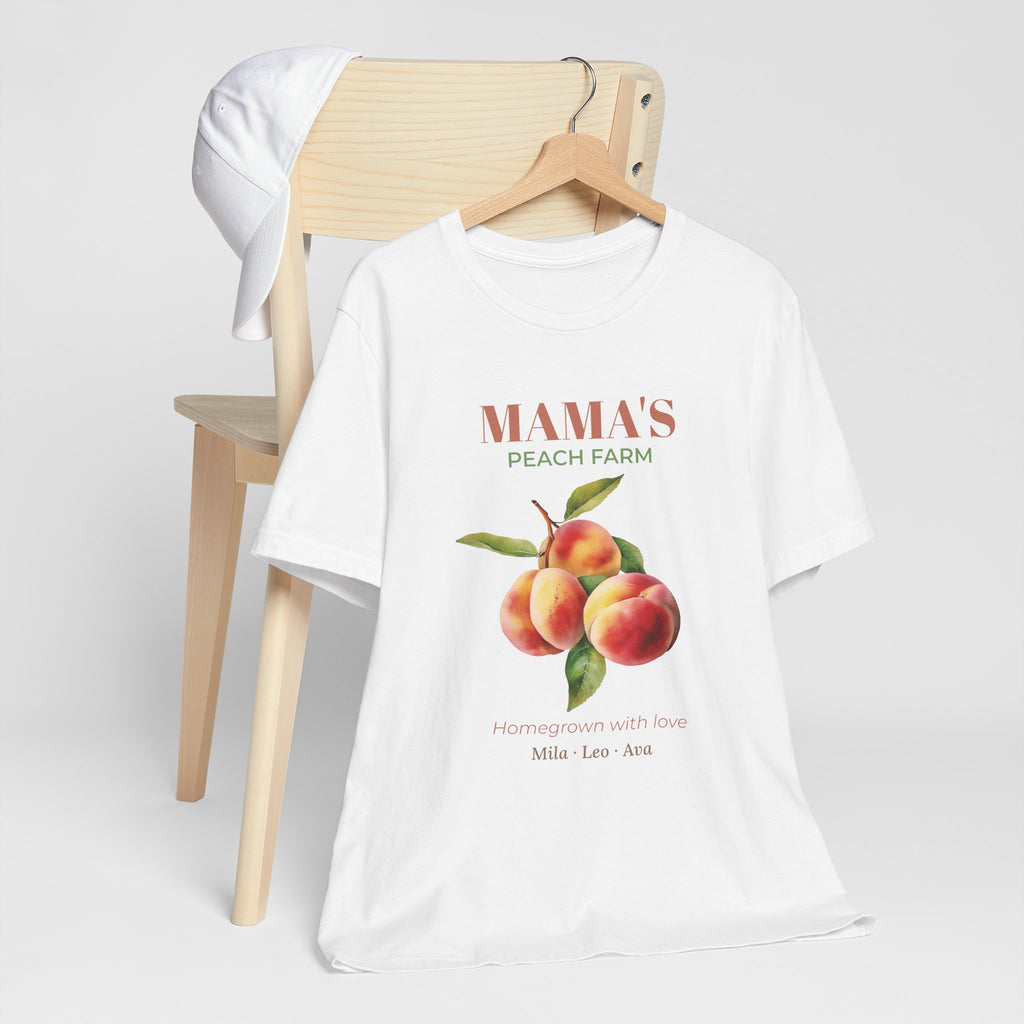 Detail of the personalized text on the Mama's Peach Farm tee