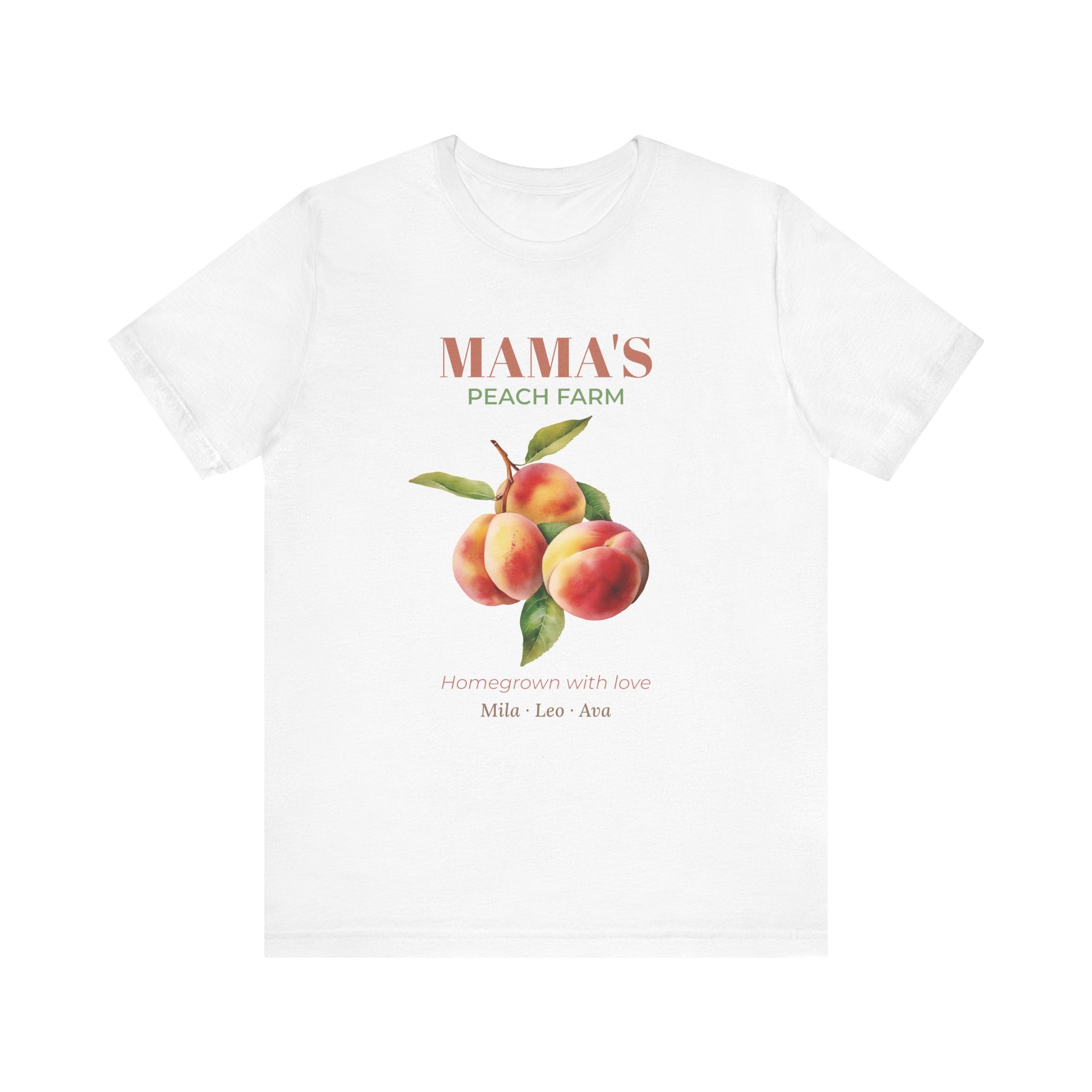 Personalized Mama's Peach Farm t-shirt with a watercolour peach design, 'Homegrown with love' and kids' names