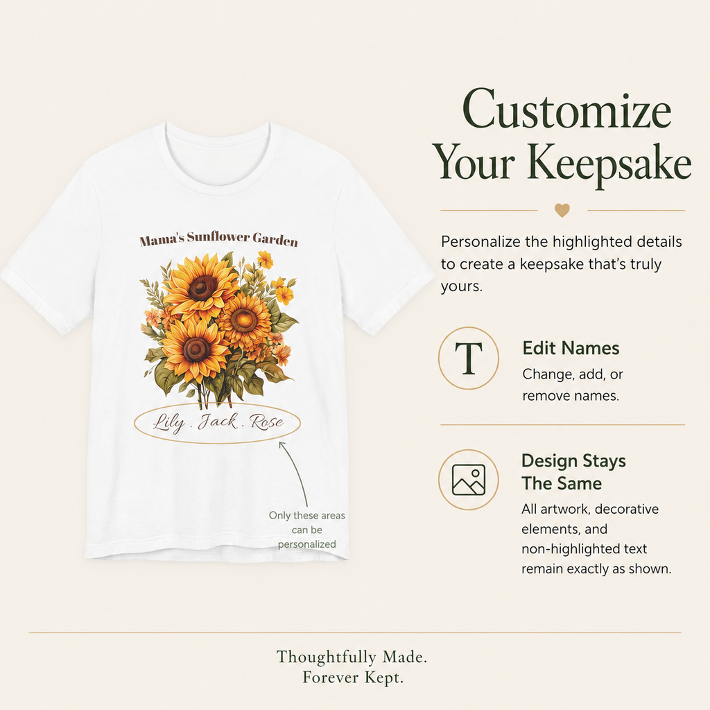 Mama's Sunflower Garden personalized tee displayed on a hanger