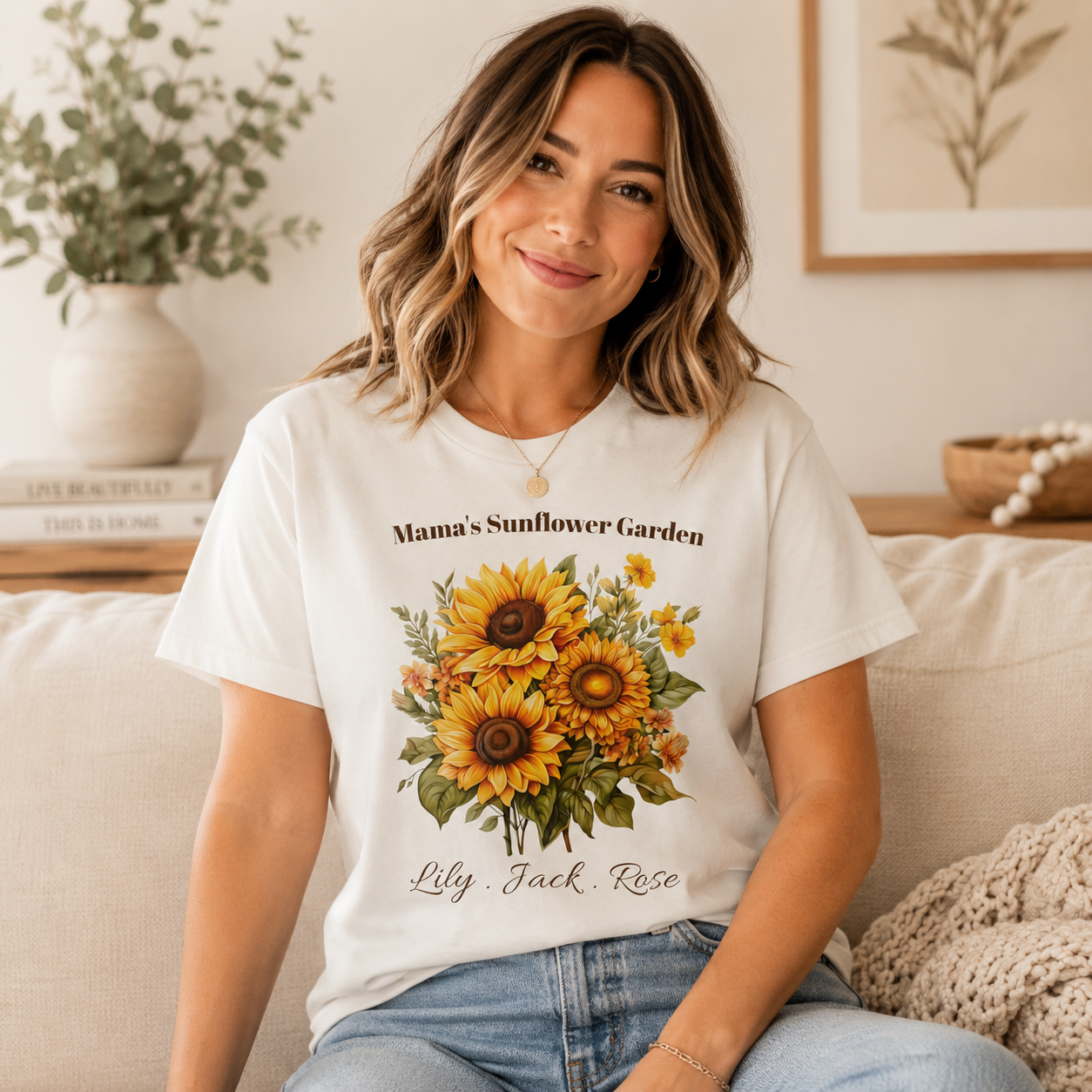 Mama's Sunflower Garden personalized tee shown on a model