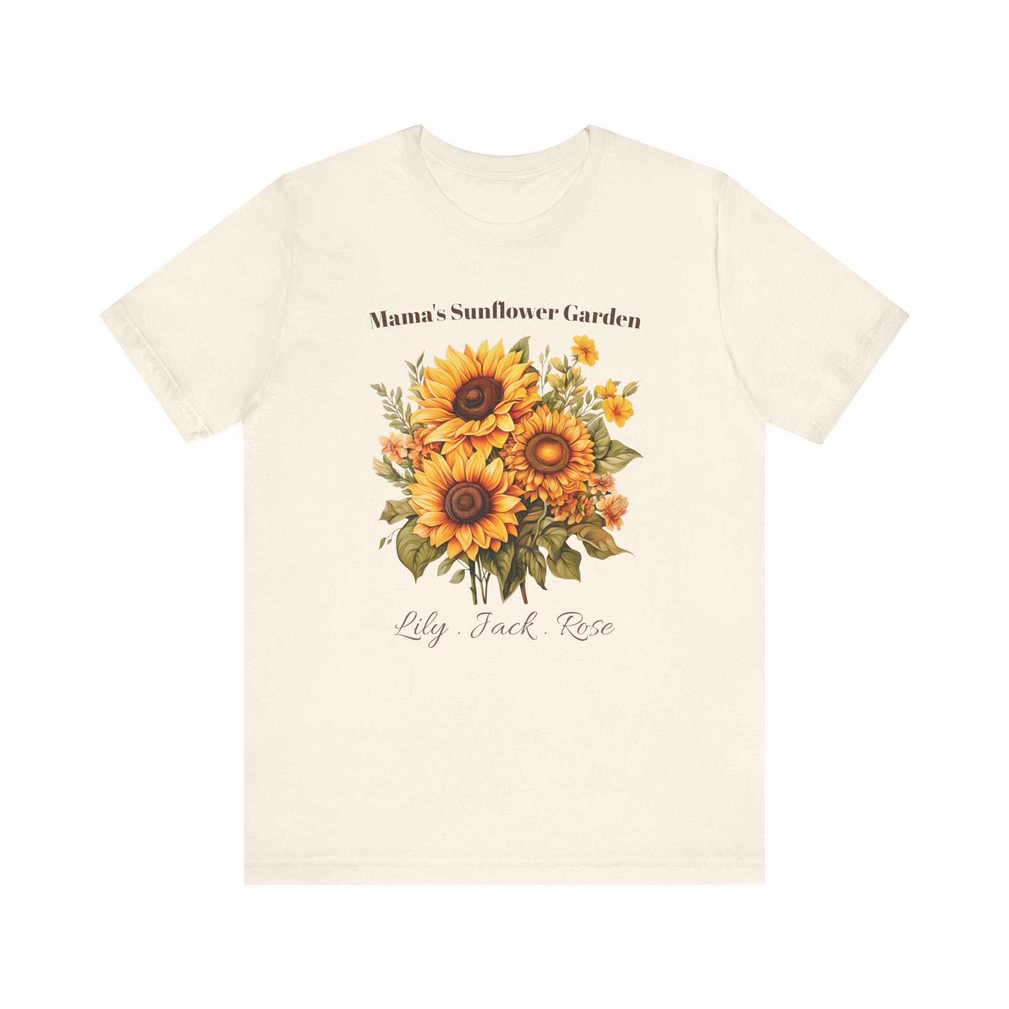 Personalized Mama's Sunflower Garden t-shirt with a sunflower bouquet and kids' names