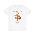 Personalized 'My Sweet Peach' t-shirt with a watercolour peach design, 'Forever in season', custom name and 'Since' year