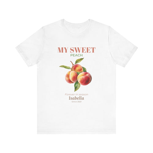 Personalized 'My Sweet Peach' t-shirt with a watercolour peach design, 'Forever in season', custom name and 'Since' year
