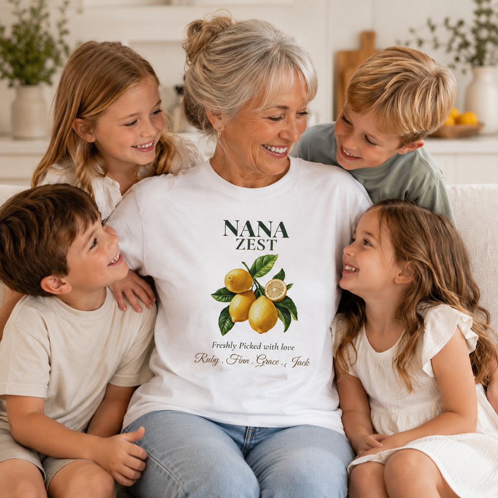 Nana Zest personalized t-shirt shown folded flat