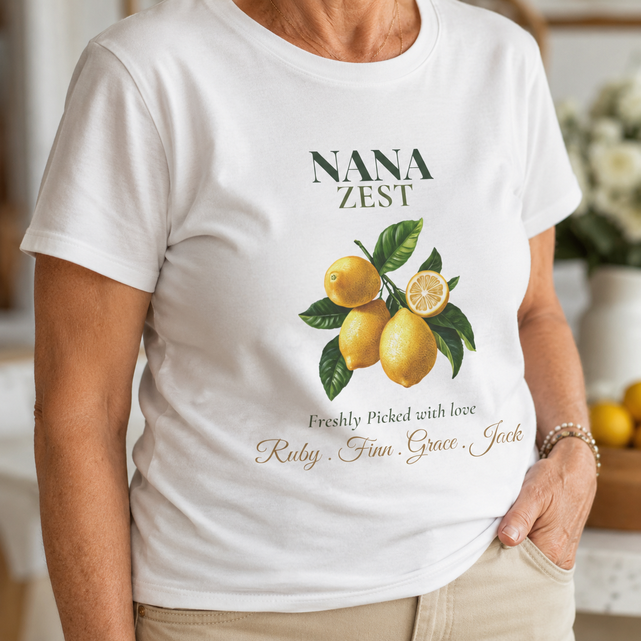 Nana Zest personalized tee shown on a model