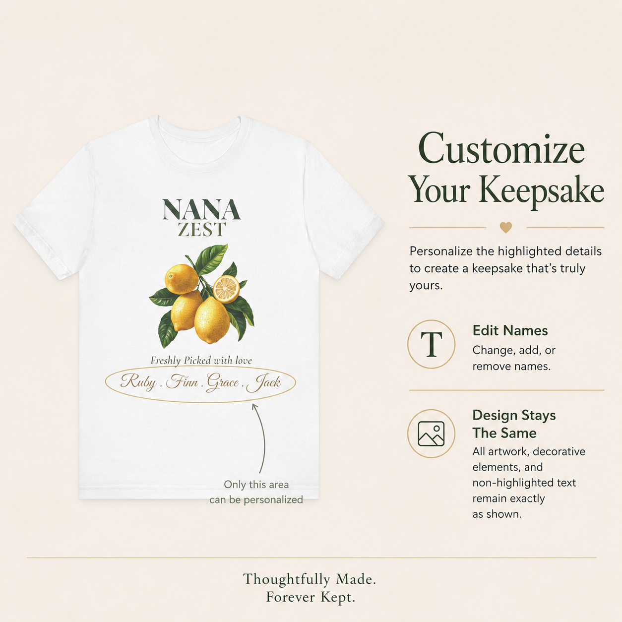 Detail of the personalized text on the Nana Zest tee