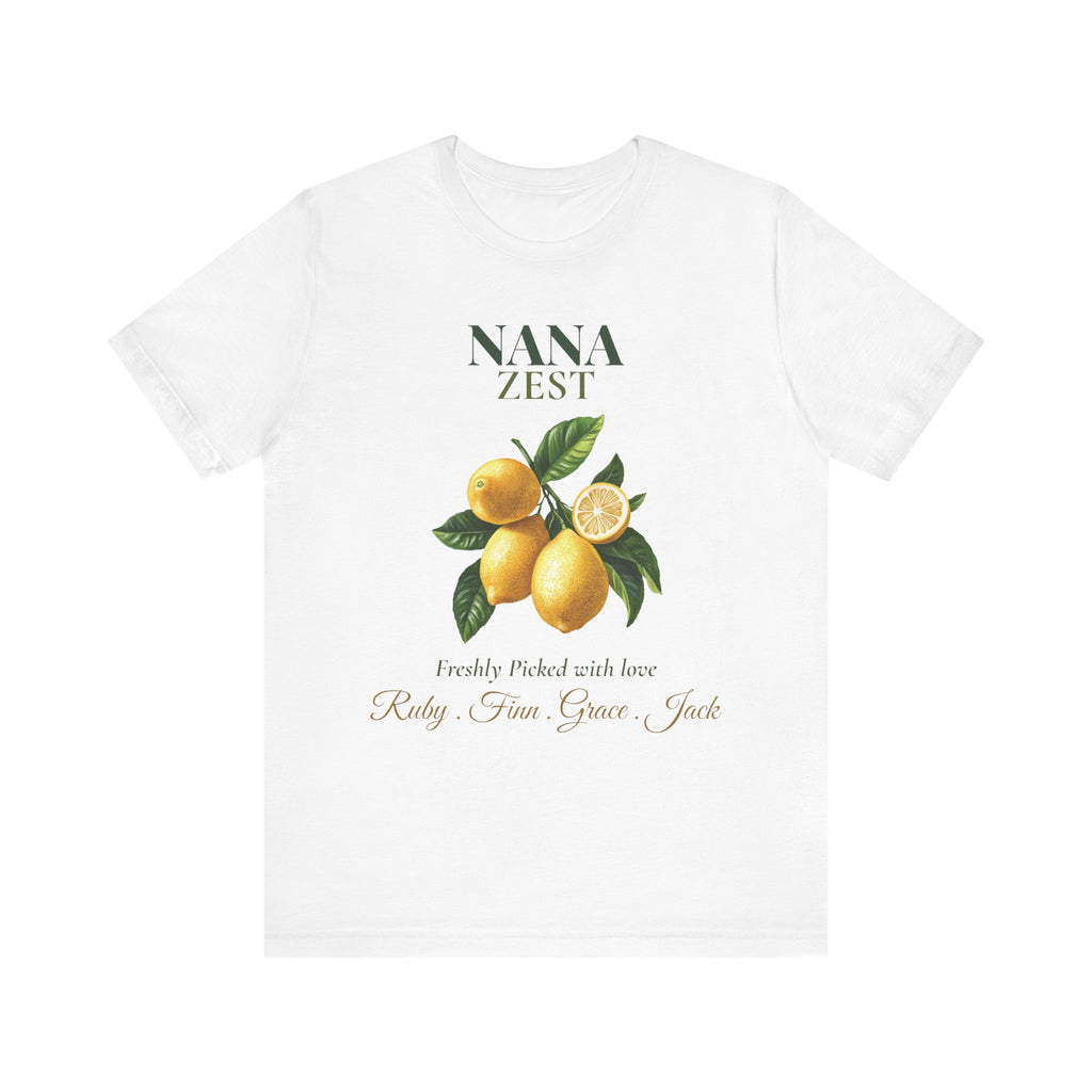 Personalized Nana Zest t-shirt with a watercolour lemon design, 'Freshly Picked with love' and grandkids' names