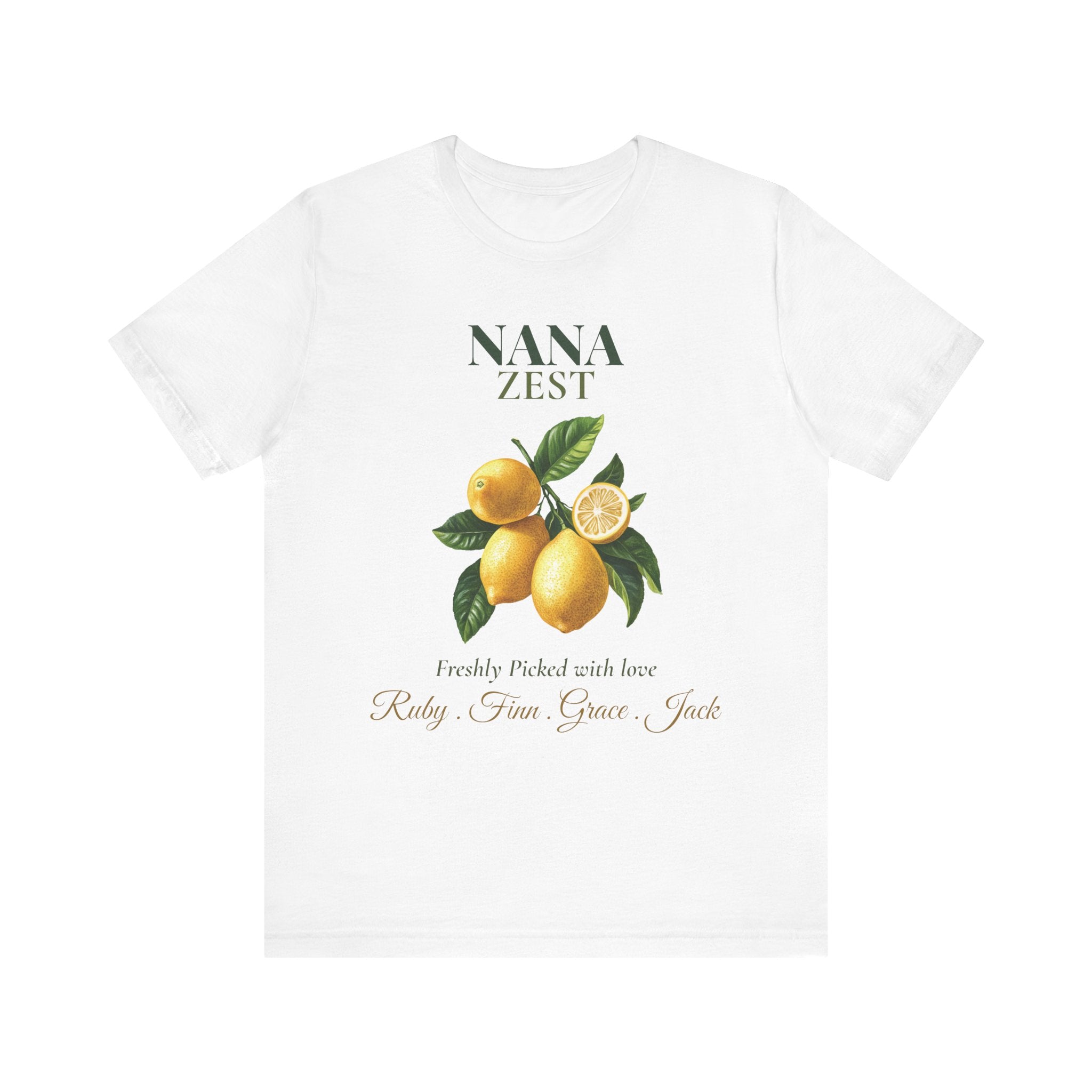Personalized Nana Zest t-shirt with a watercolour lemon design, 'Freshly Picked with love' and grandkids' names