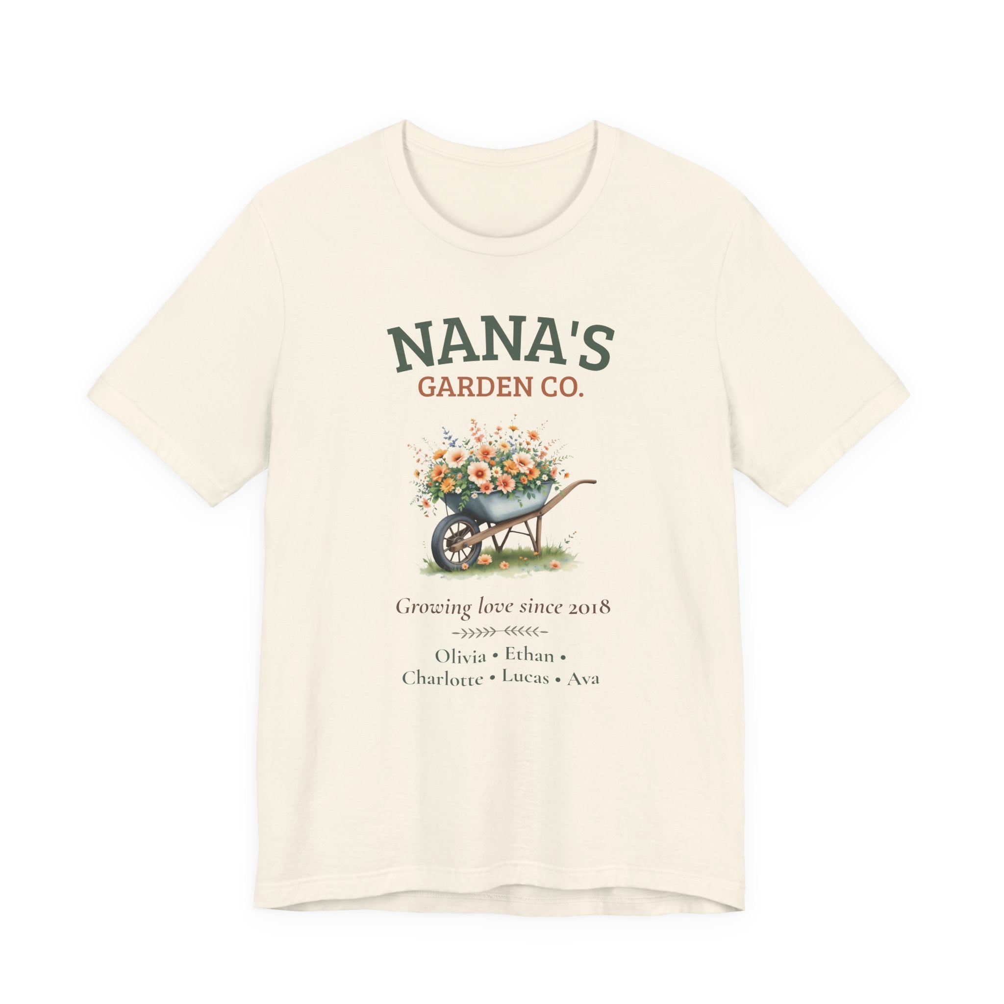 Nana's Garden Co. personalized t-shirt shown folded flat