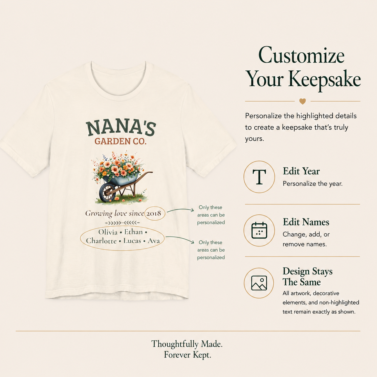 Nana's Garden Co. personalized tee displayed on a hanger