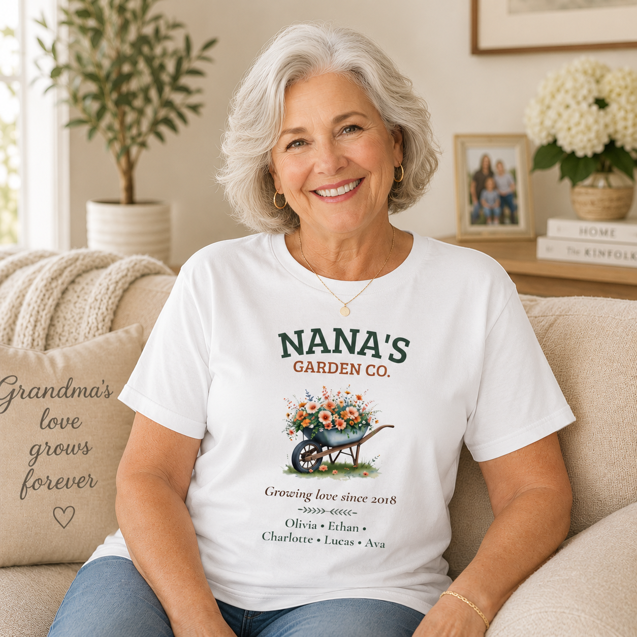 Nana's Garden Co. personalized tee shown on a model