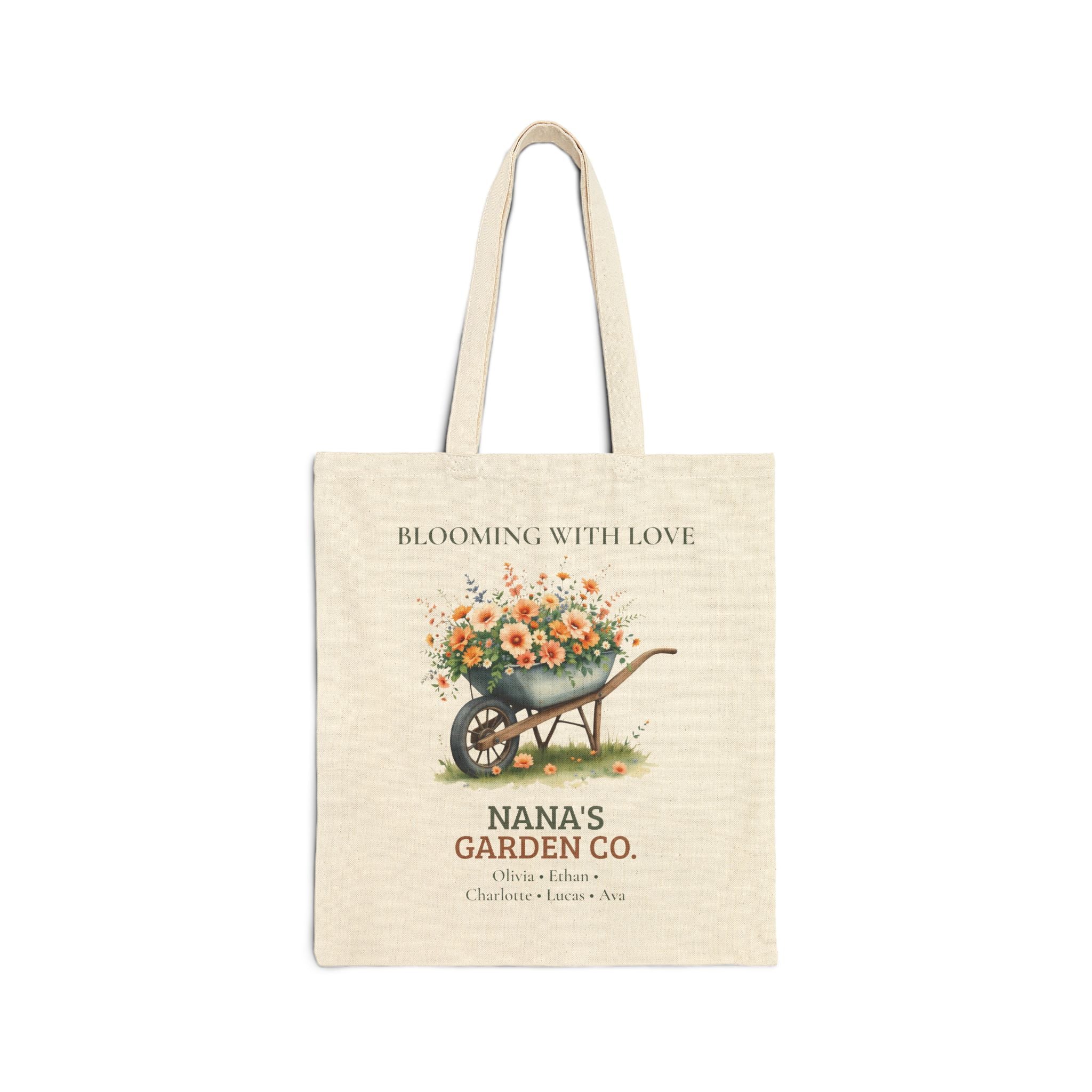 Personalized Nana's Garden Co. natural cotton canvas tote with a wheelbarrow of wildflowers and custom grandkids' names