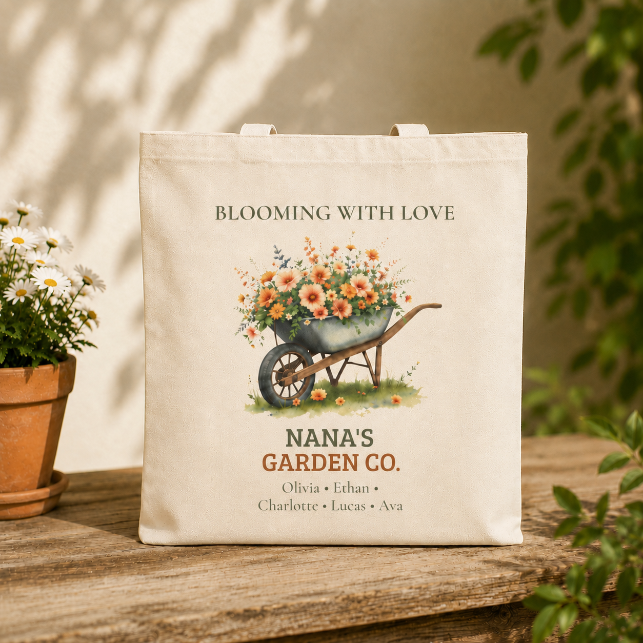 Nana's Garden Co. personalized tote bag shown held by the handles