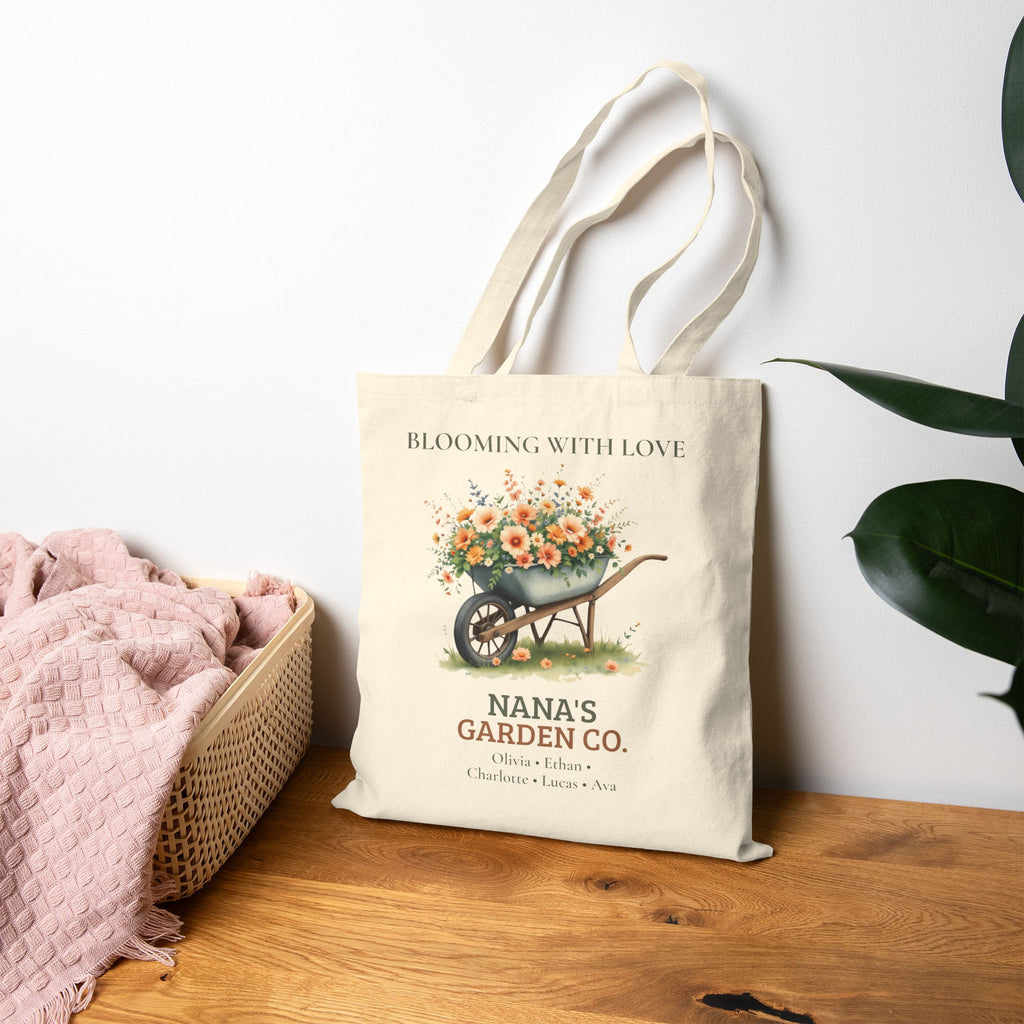 Nana's Garden Co. natural canvas tote styled for a market trip