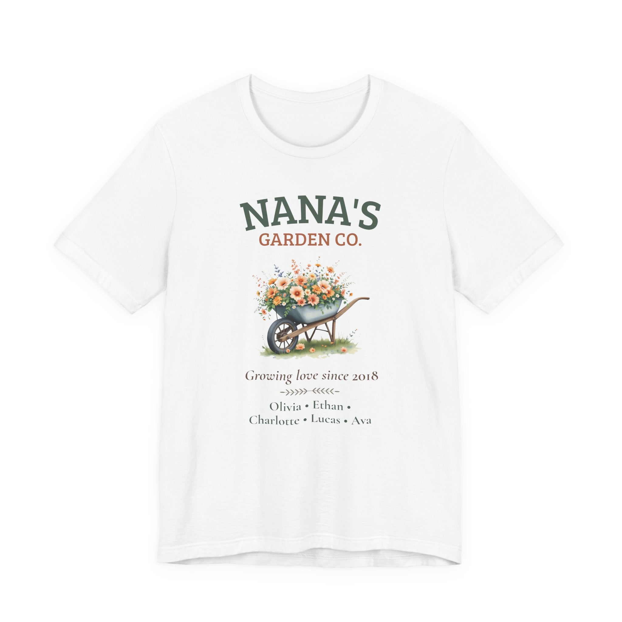 Personalized Nana's Garden Co. t-shirt with a floral wheelbarrow design and custom grandkids' names
