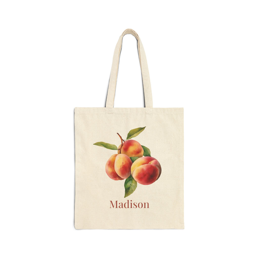 Personalized peach natural cotton canvas tote with a watercolour peach illustration and a custom name
