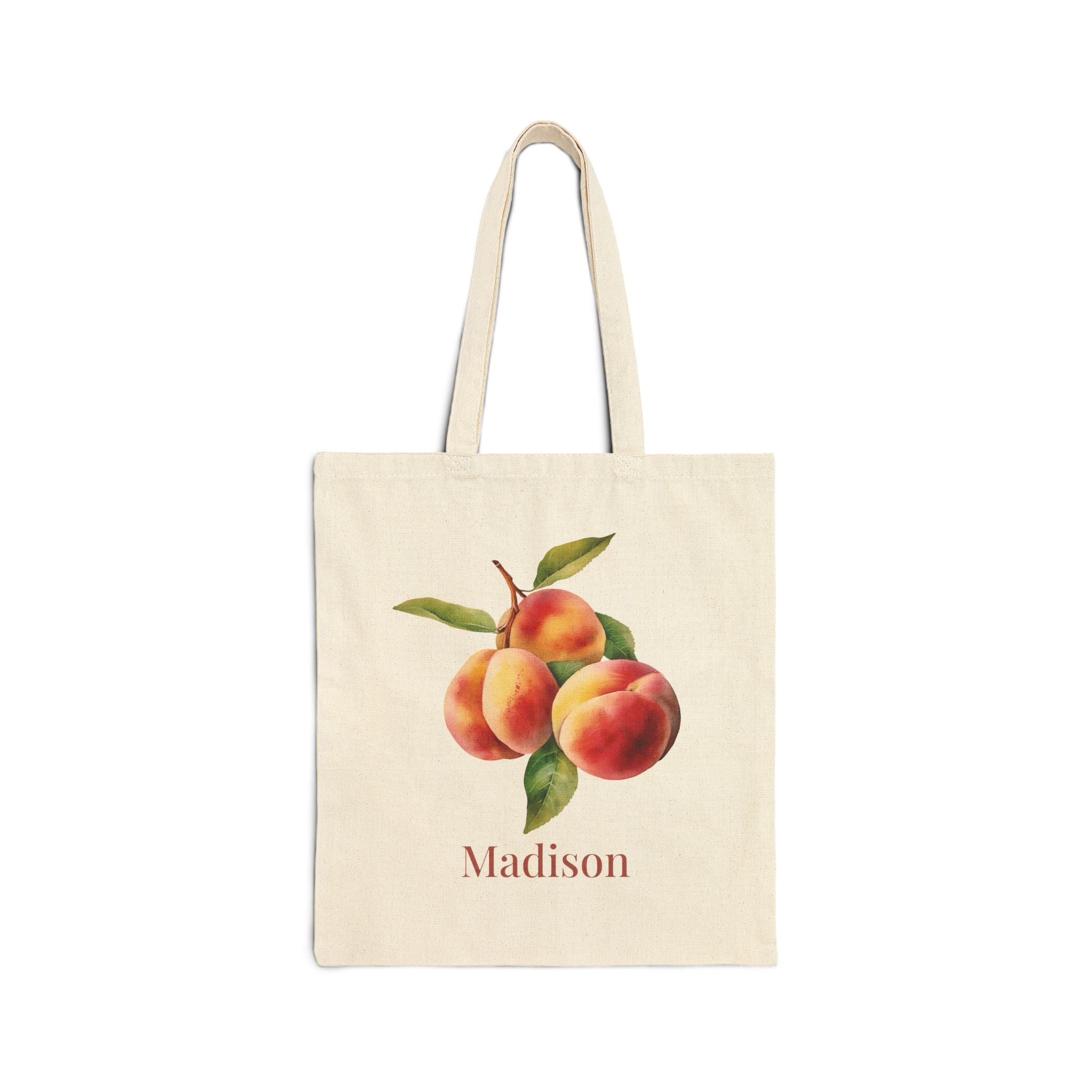 Personalized peach natural cotton canvas tote with a watercolour peach illustration and a custom name