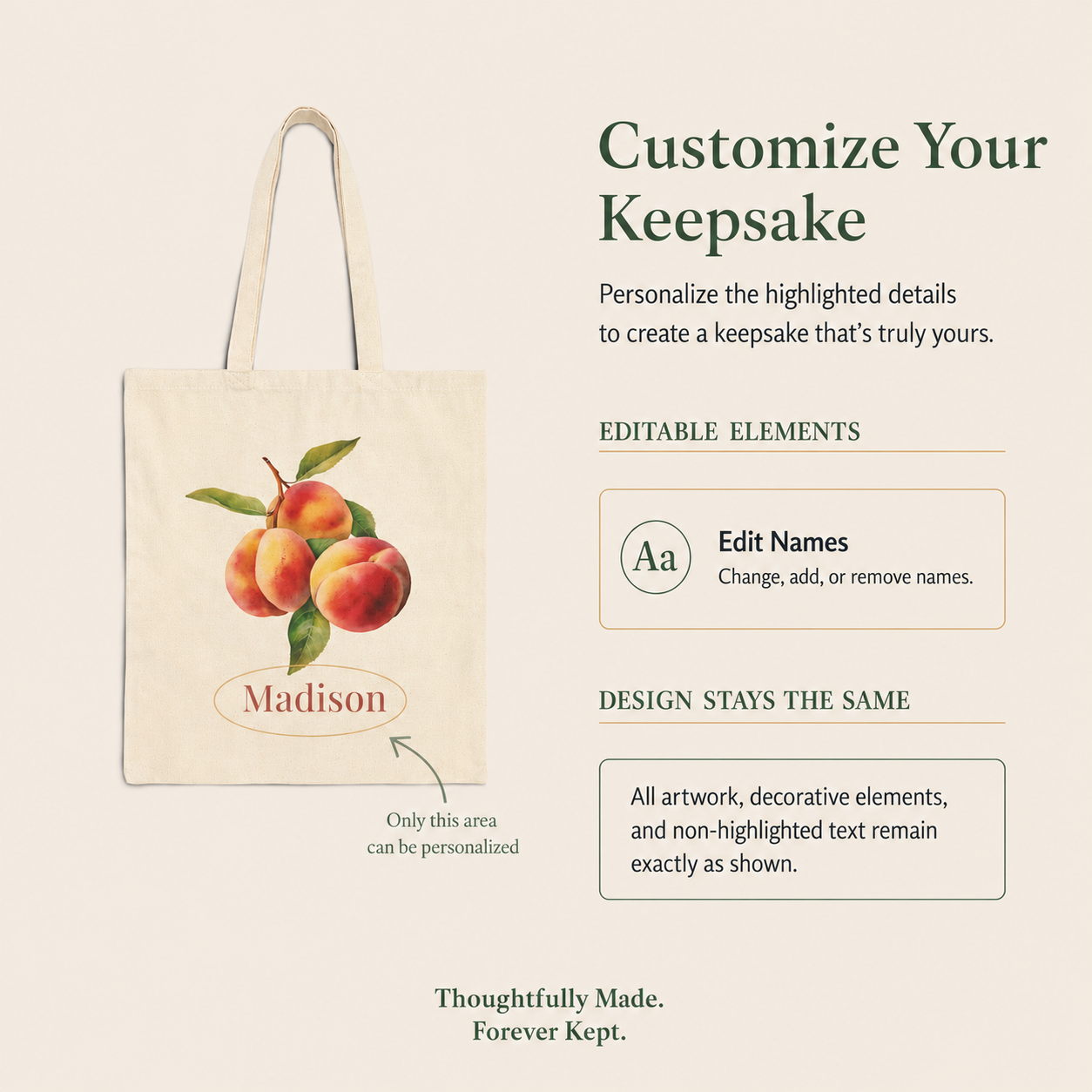 Peach personalized cotton tote bag shown flat