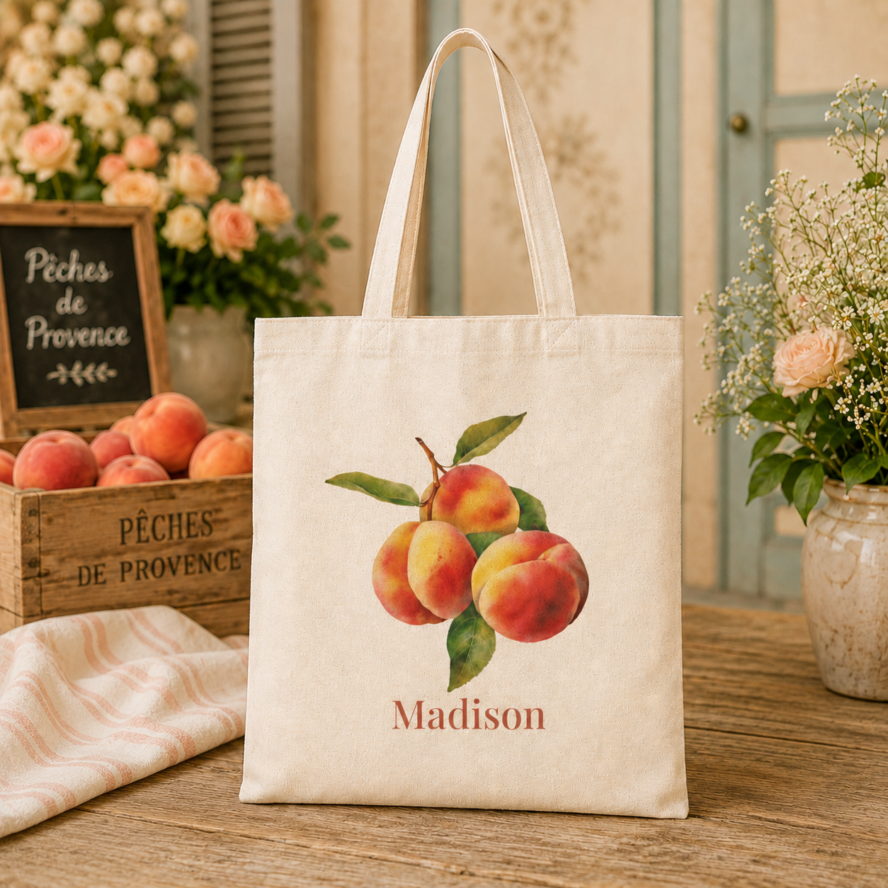 Peach personalized tote bag shown held by the handles