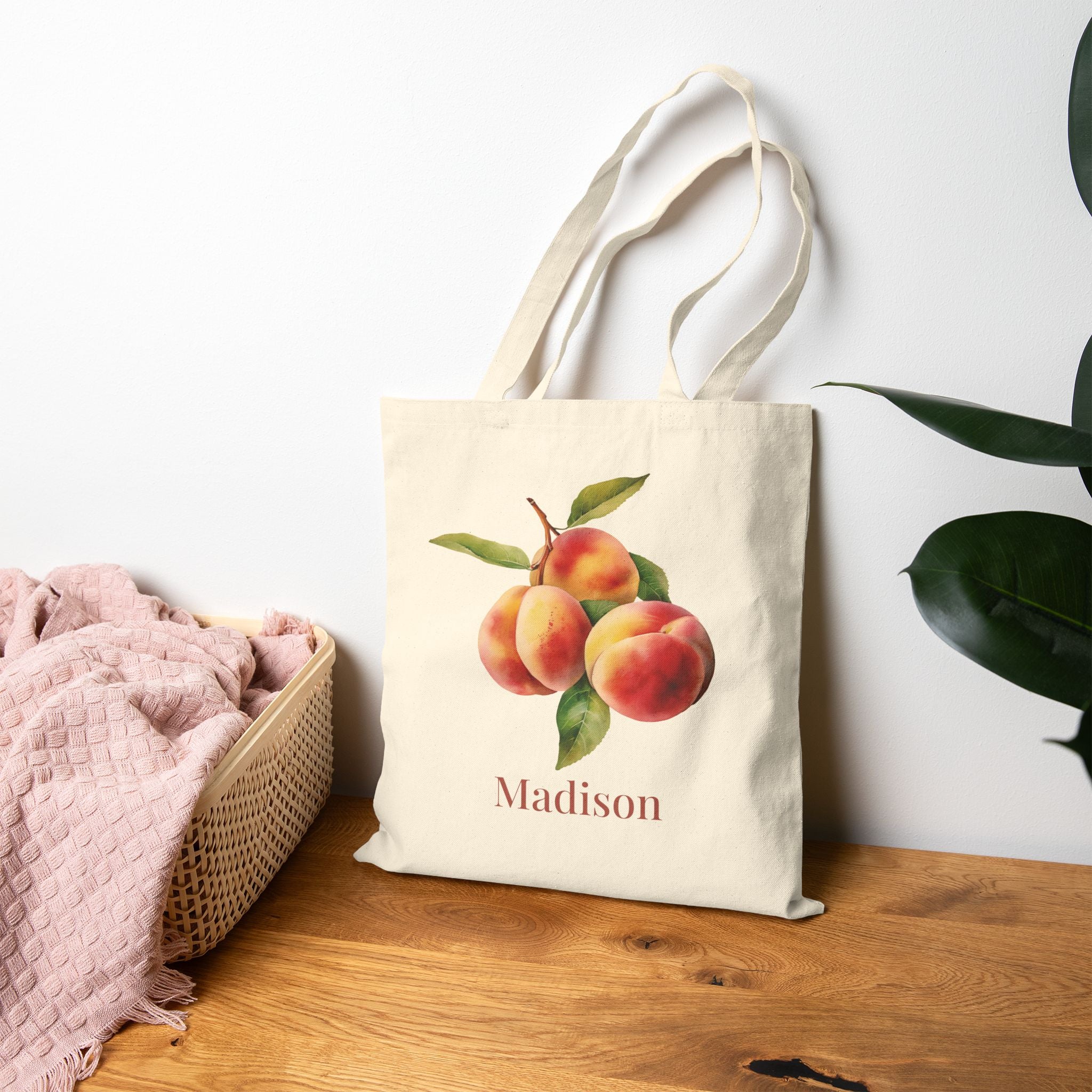 Peach natural canvas tote styled for a market trip