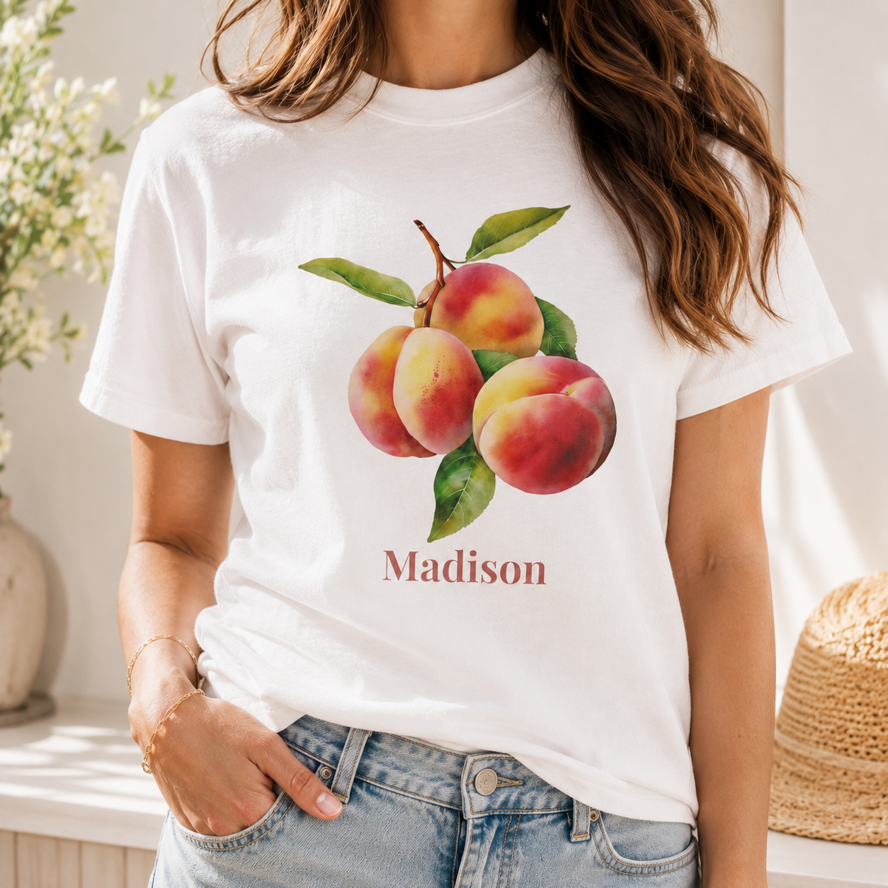 Model wearing peach personalized t-shirt outdoors